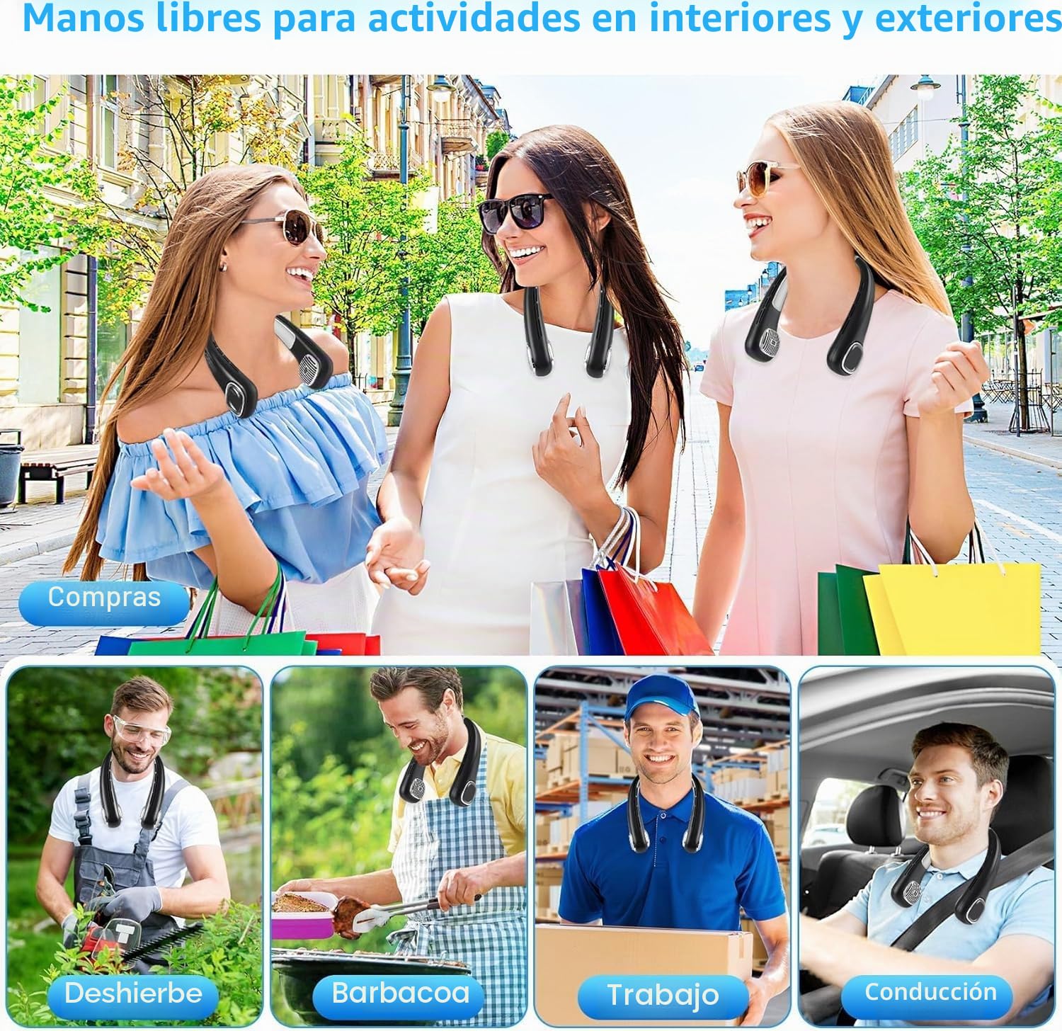 Ventilador Cuello - USB Ventilador de Cuello Portátil Silencioso con Batería Recargable, Potente Collar Ventilador de Pescoco con Agua, Auriculares Ventilador Colgante Cuello, Ligero Personal Neck Fan