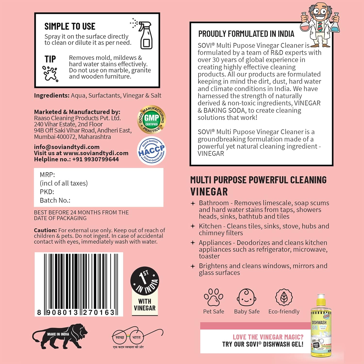 SOVI Eco-friendly Vinegar Multi-Purpose Cleaner, Hard Water Stain Remover & Degreaser, Tough Limescale Remover, Pet Odour Remover, The Clean Scent - 500 ml (Pack of 2) 2 81Ivj5++UvL. SL1500