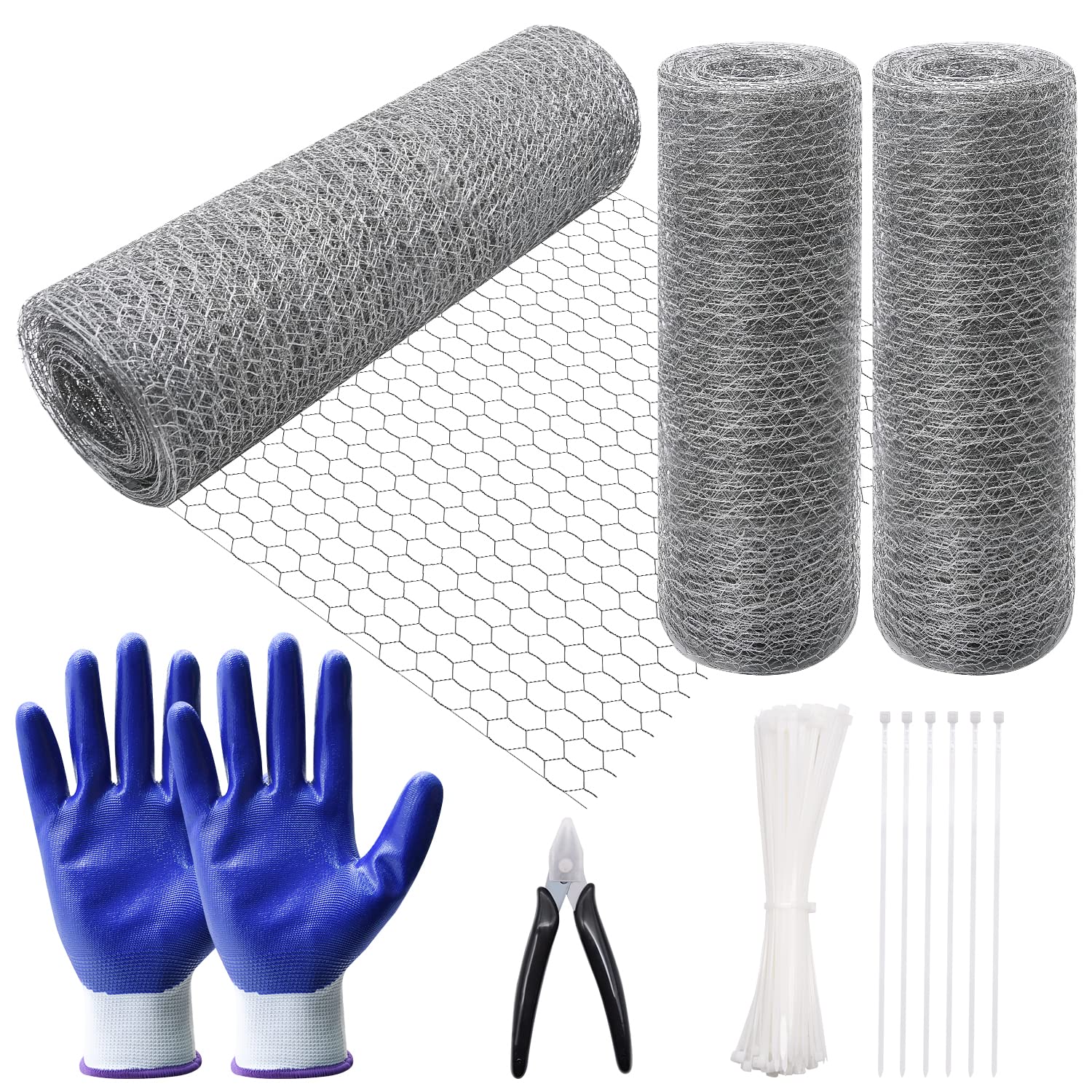 Chicken Wire, 2 Pack 15.7in×32.8ft Chicken Wire Net for Craft, Chicken Wire Fence Mesh with Plier, Protective Gloves, Cable Zip Ties for Crafts Garden Poultry Chicken Coops Rabbit Rodent Cage