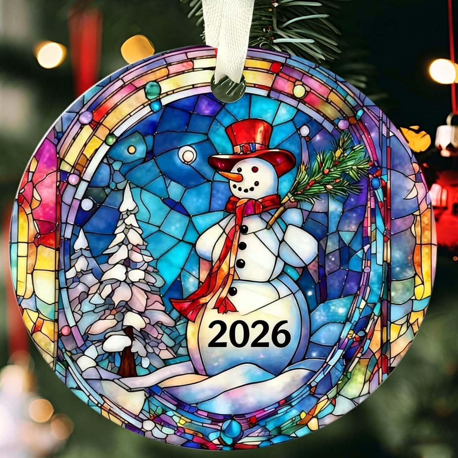 Christmas Ornaments 2026, Snowman Christmas Ornaments, Exchange for Women, Men, Collectible Dated Year Ornaments for Tree, Unique Suncatcher, Printed Stained Ceramic Effect Decor