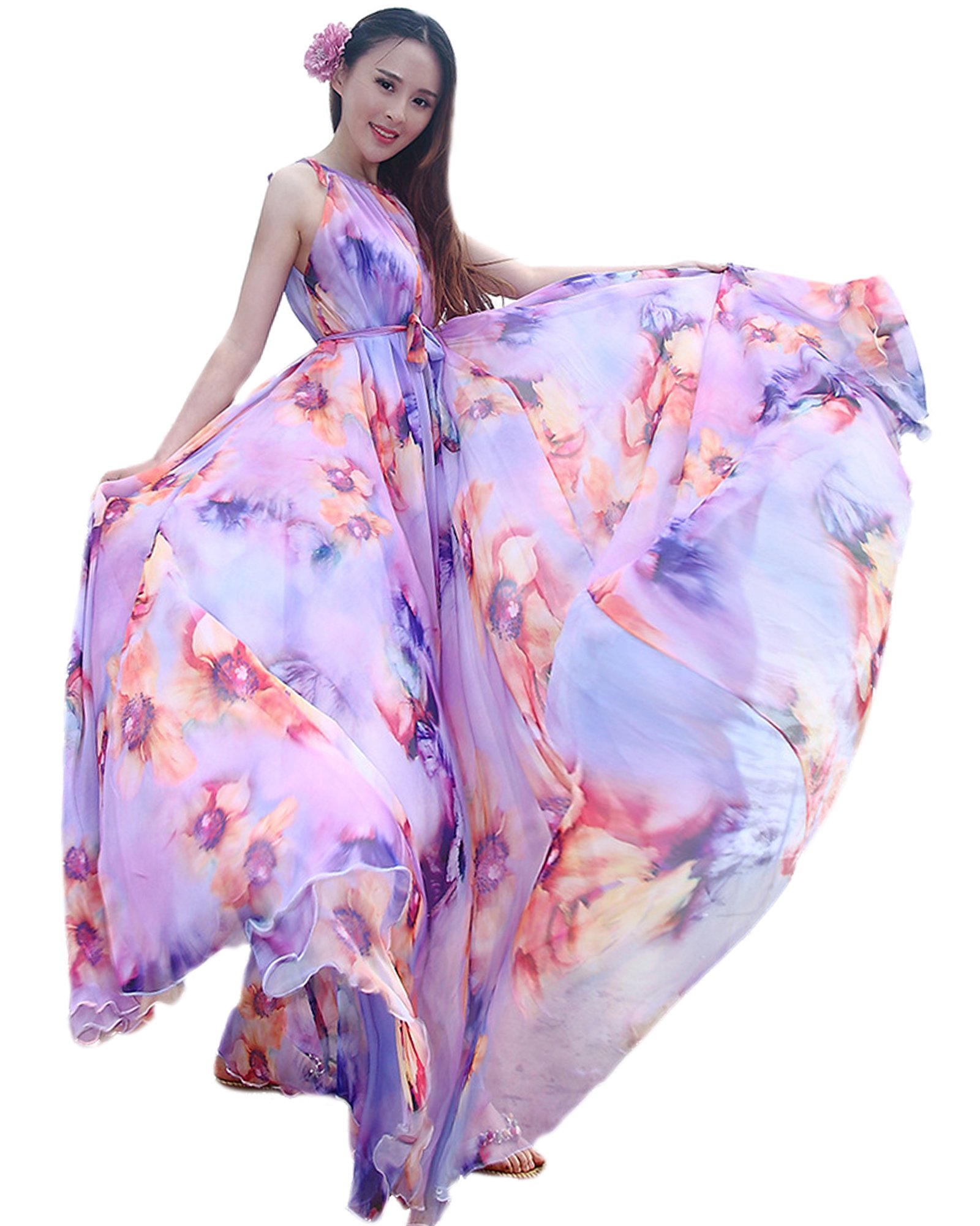 MedeShe Women's Chiffon Floral Holiday Beach Bridesmaid Maxi Dress Sundress