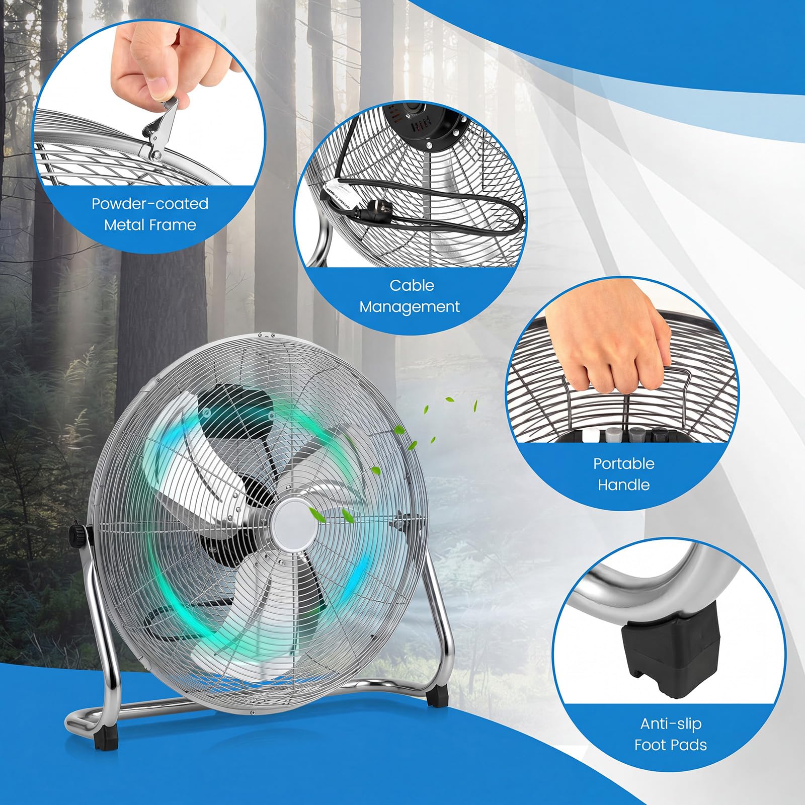 GYMAX Ventilador de Suelo, 160W φ57 cm Ventilador Industrial con 3 Velocidades, Inclinación Ajustable de 145°, Motor Potente, Aspas Metálicas, Alcance 6,5 m, Fan Silencioso de Metal para Garaje Taller