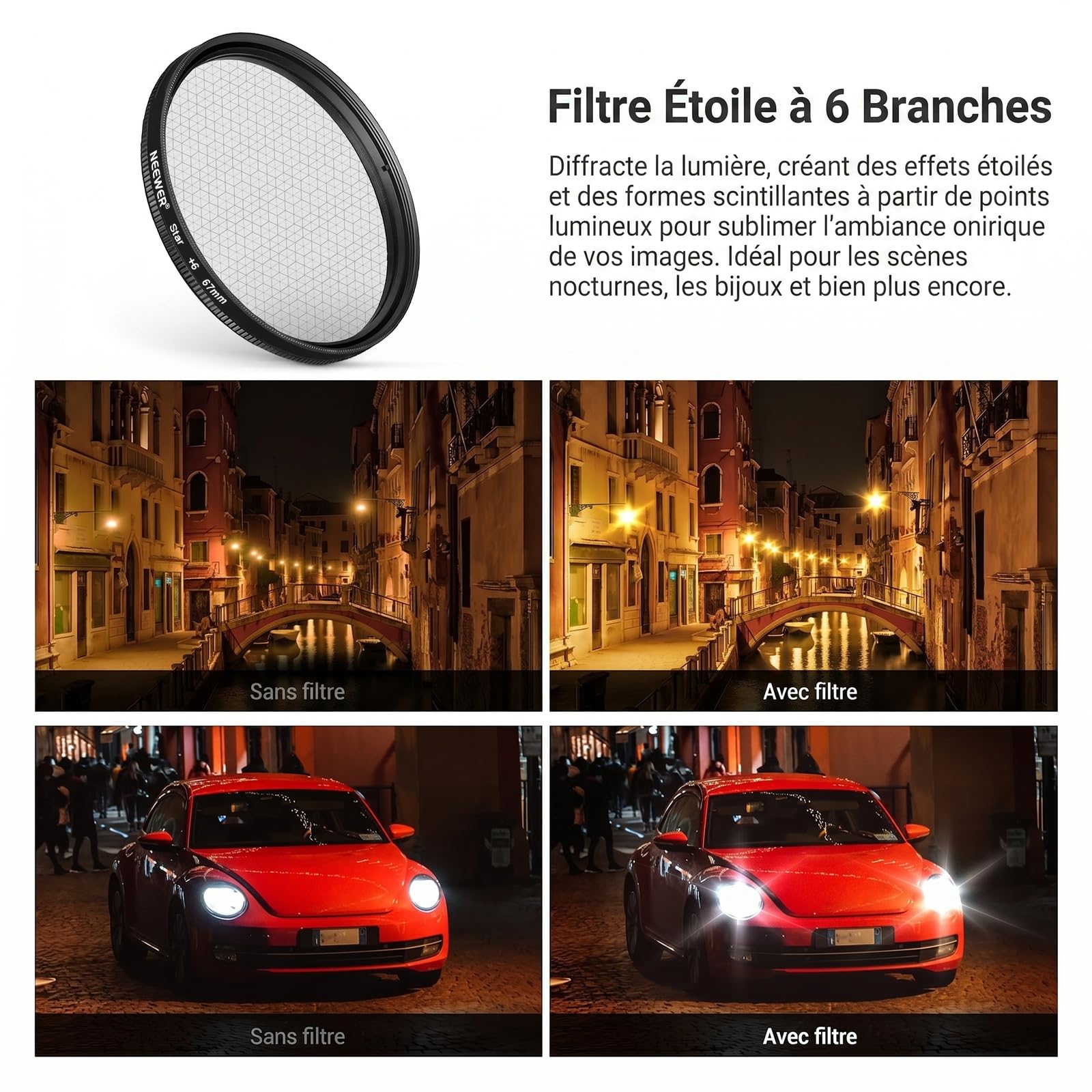 NEEWER 67mm Kit de filtres ND avec Clip Fixation pour Griffe Flash,7 Pack filtres: 4 filtres dégradés de Couleur+étoile+ND 32+CPL.Compatible avec iPhone 17 16,Android Samsung Galaxy S26 Ultra,FL-P15