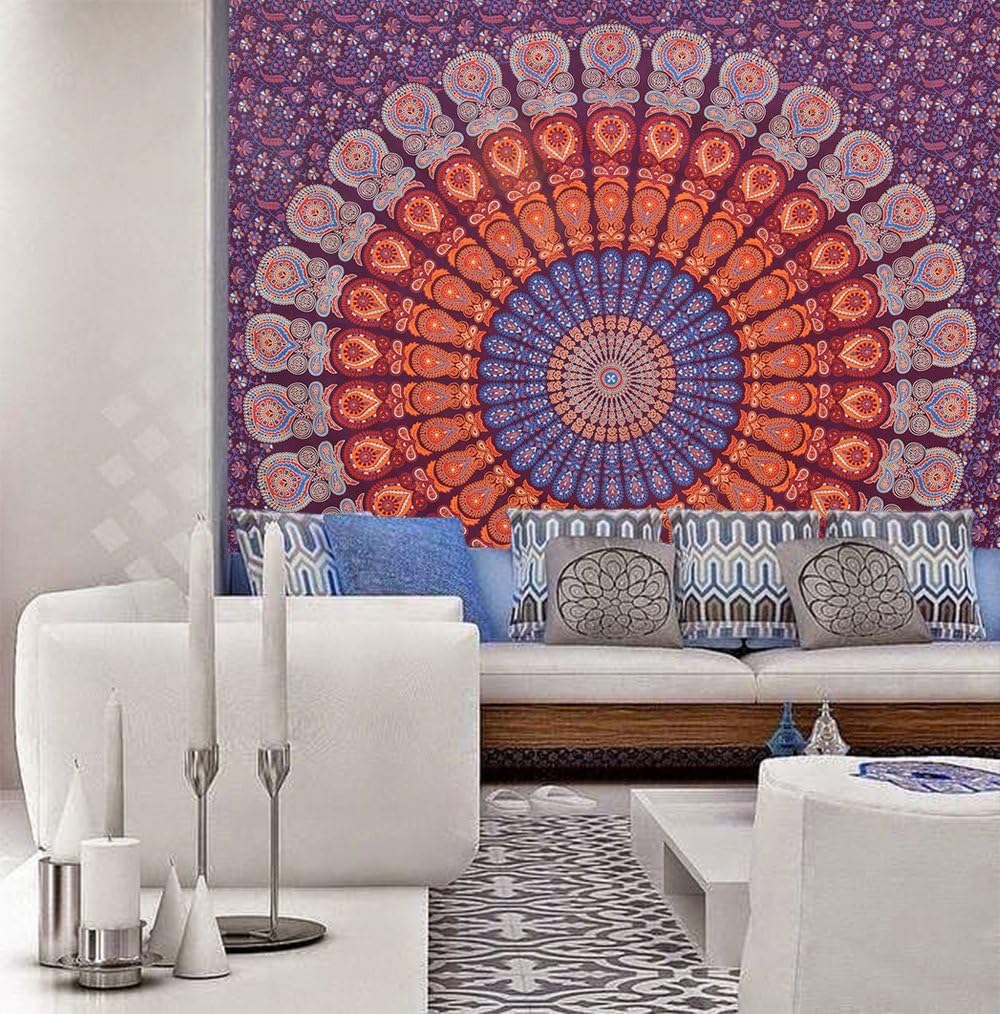 Popular Handicrafts Tapestry Wall Hanging Hippie Mandala Bohemian Hippy Intricate Indian Tapestries Bedspread 84x90 Inches (215cm x 230cm) Maroon image 2