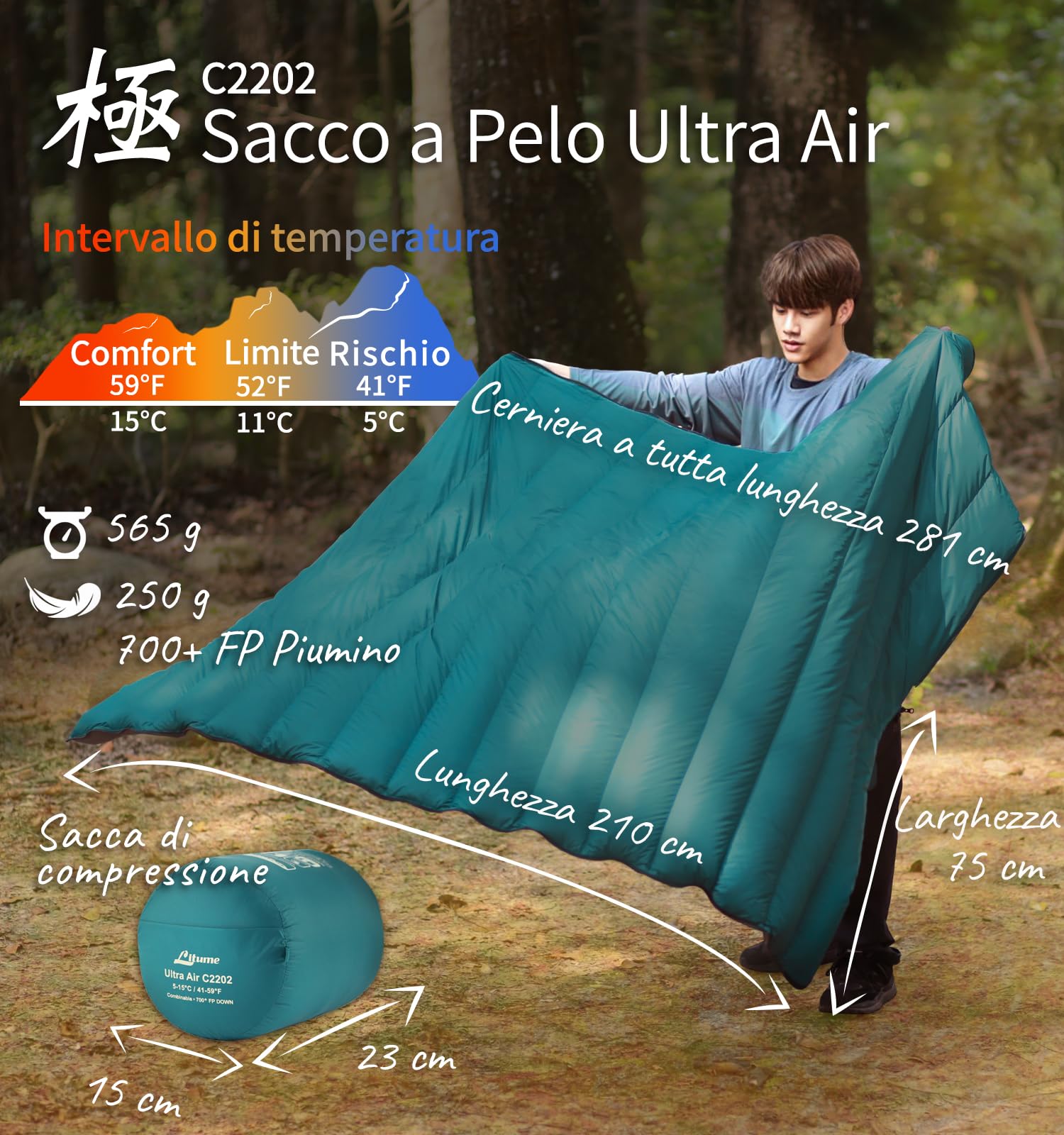 Litume Sacco a pelo per tre stagioni in piuma combinabile, leggero, sacco a pelo compatto per adulti, sacco a pelo doppio, per trekking, campeggio, famiglia, compatto con sacca per il trasporto