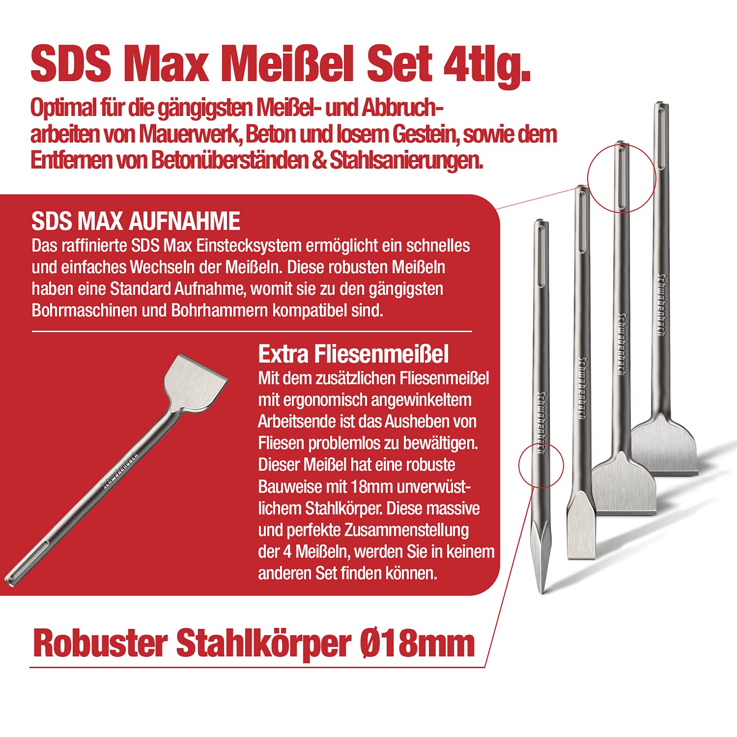 SCHWABENBACH® SDS Max Meißel 400mm 4tlg. - Fliesenmeißel 50 mm Abgewinkelt + Flachmeißel 25mm + 50mm + Spitzmeißel - Meißel Set kompatibel mit Bosch Hilti Bohrhammer