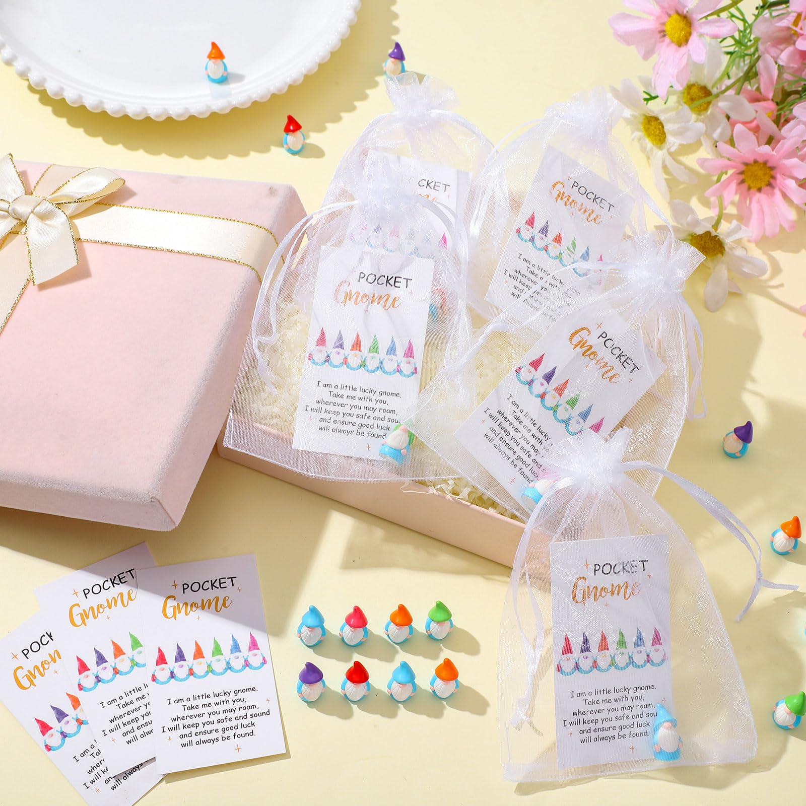 Silipull 30 sets Good Luck Gifts Bulk - Mini Resin Gnome Charms with Story Cards & Organza Bags - Teacher Appreciation Gifts Graduation Party Favors Pocket Tokens for Teacher Nurse Friends Coworkers