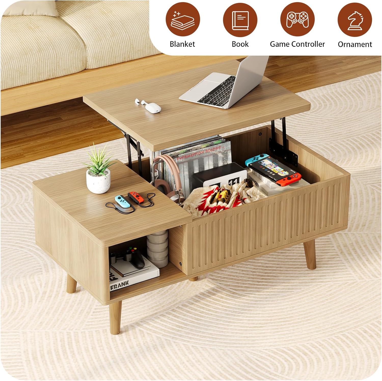 Lift Top Wooden Coffee Table, Fluted Center Table with Large Hidden Compartment and Ample Storage Open Shelf, Lift Tabletop Dining Table for Living Room, Home Office Small Space (C-Oak)