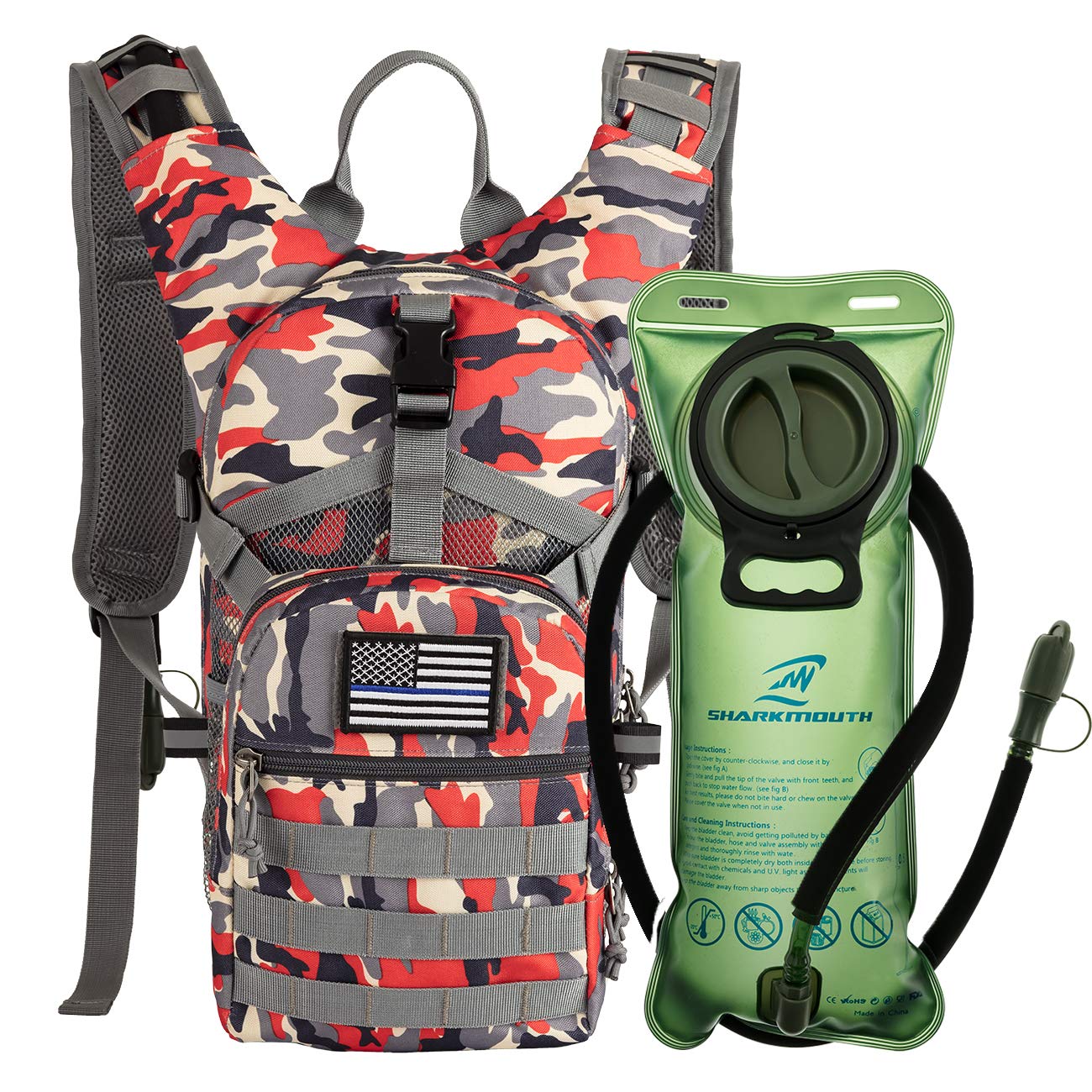 SHARKMOUTH Tactical MOLLE Hydration Pack Backpack 900D with 2L Leak-Proof Water Bladder, Keep Liquids Cool for Up to 4 Hours, Daypack for Hiking, Cycling, Running, Hunting, USA Flag Patch