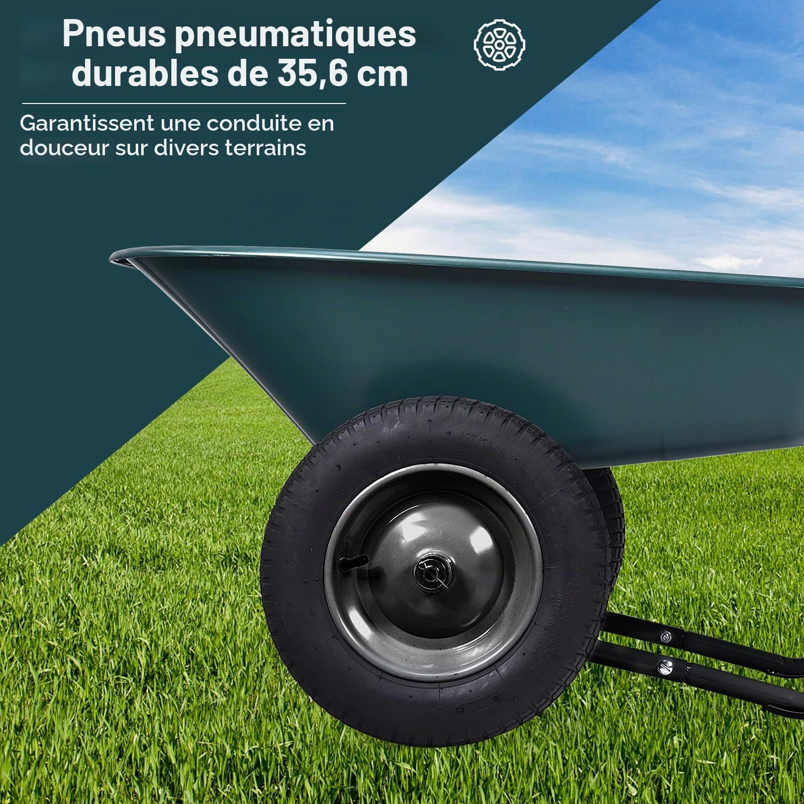 SOARS Brouette de jardin avec 2 roues pneumatiques, poignée en caoutchouc, diable de transport, idéale pour déplacer le sol, arbuste de plantes, outil de jardin, 65 x 145 x 65 cm, vert
