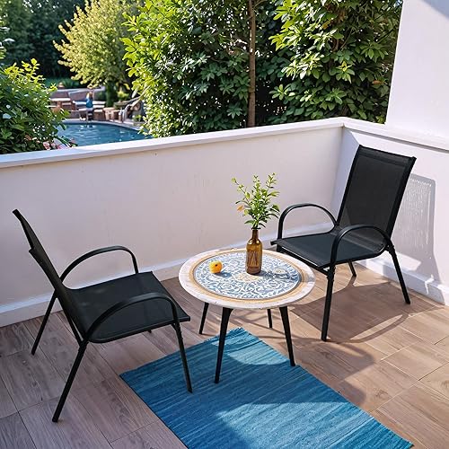 Miniatura 7 de Flamaker Juego de 4 sillas de comedor apilables para patio, sillas de metal y Teslin para exteriores, para césped, terraza, porche, balcón (negro)
