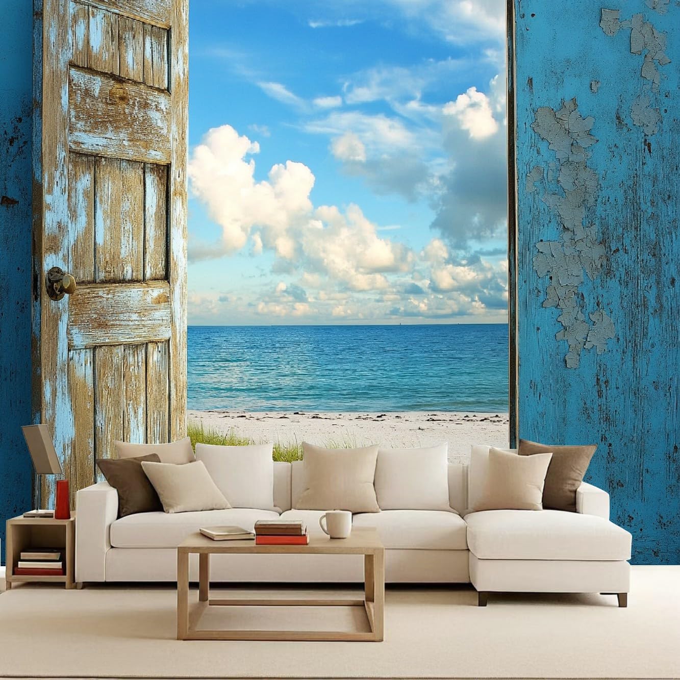 Blue Sky and Sea Wallpaper Mural Natural Scenery Photo Wallpaper Blue Sky and White Clouds 3D Wall Mural 400x280cm Non-Woven Premium Art Print Decoration Poster Picture for Living Room TV Backdrop