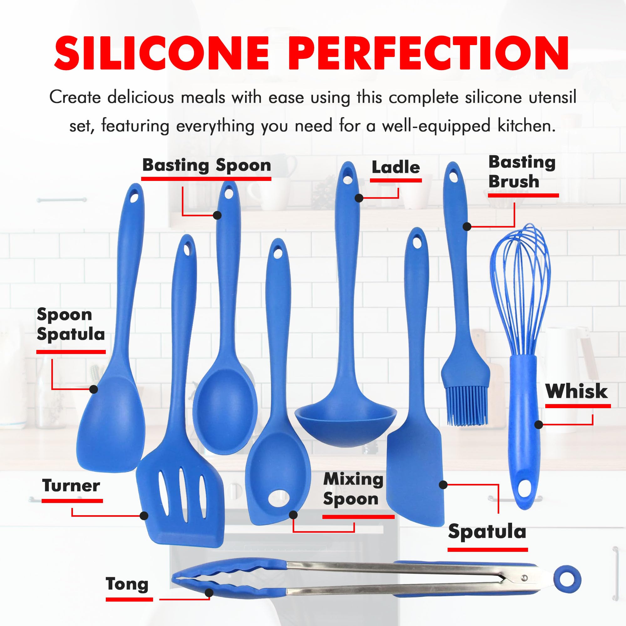 Chef Craft Premium Silicone Kitchen Tool and Utensil, 9 Piece Set, Blue