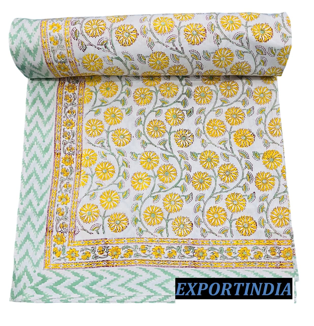 ExportindianTraditional Indian 100% Cotton Indian Jaipuri Traditional Hand Block Printed bedsheet bed cover cotton (California King US Size 108x108 Inch)