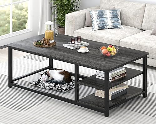 EXCEFUR Mesa de Centro, Mesa de Sala de Estar de Madera Rústica y Metal con Estante de Almacenamiento Ajustable, Gris Oscuro, 47 Pulgadas Gris,Negro