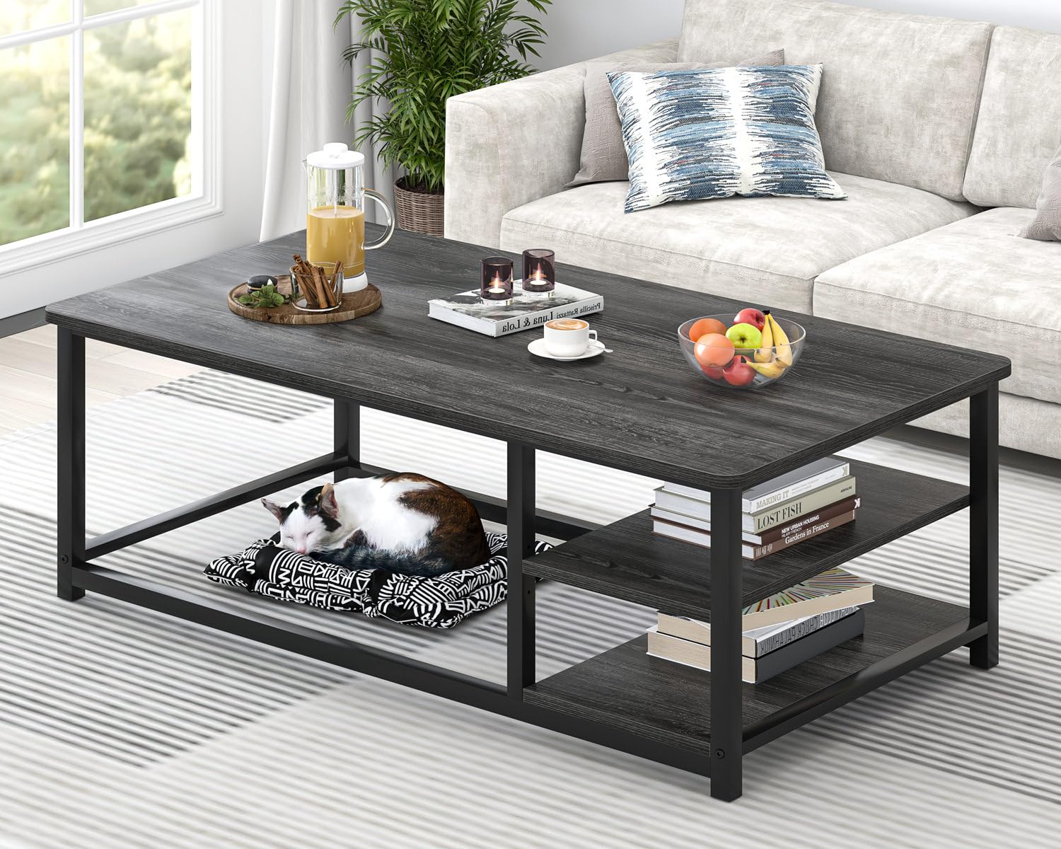 EXCEFUR Coffee Table Rustic Wood and Metal Living Room Table with Adjustable Storage Shelf Dark Grey 47 Inch