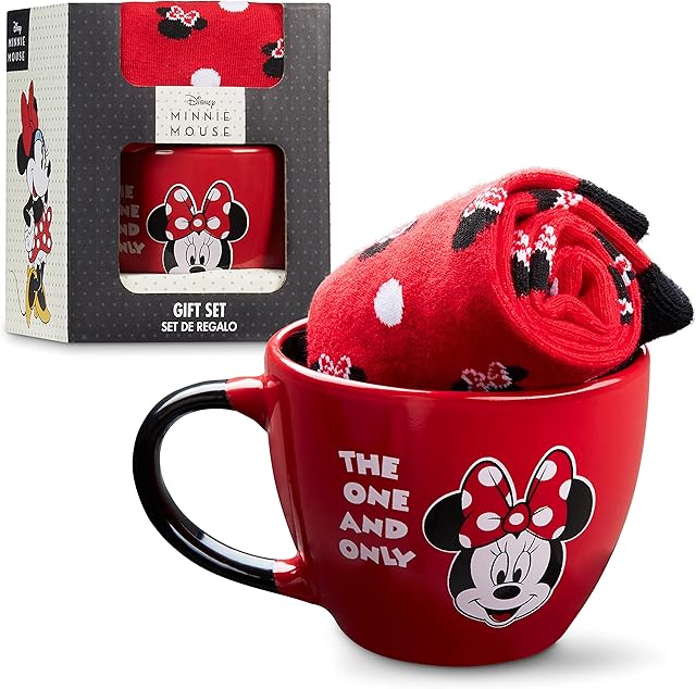 Disney Mug and Socks Gift Set, Minnie Mickey Marie Stitch Gifts, (Red Minnie)