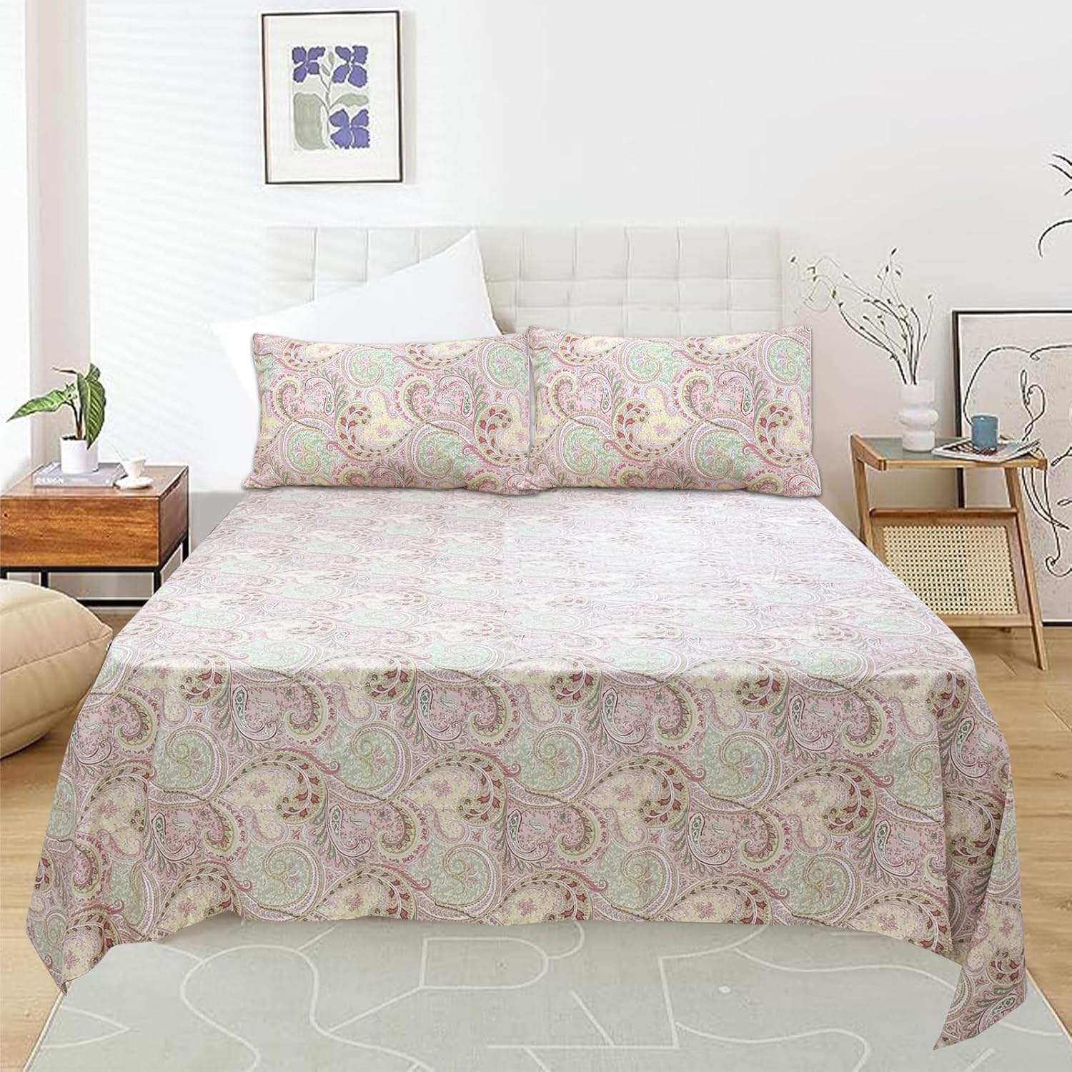 ABREEZE 4 Pieces Pink Paisley Sheets Bed Sheet Set 800 Thread Count Floral Bedding Set 100% Egyptian Cotton Fitted Sheet 17.5 Inch Deep Pocket, Flat Sheet & 2 Pillowcases Luxury Bedding (Full)