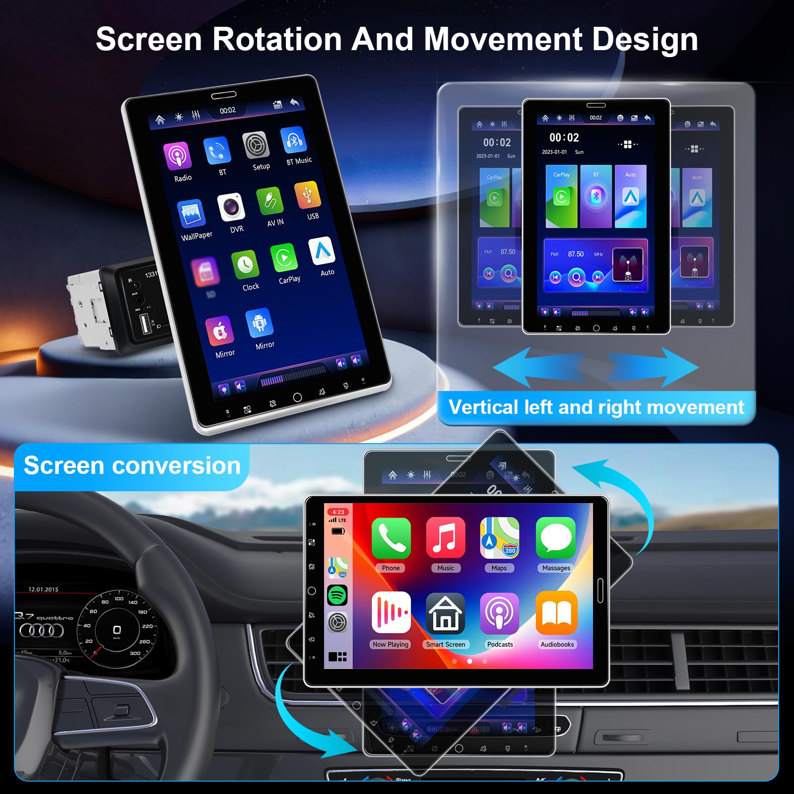 Autoradio 1 Din con Rotazione Verticale Schermo, Stereo Auto 1 Din 10,1 Pollici Touchscreen con Wireless CarPlay/Android Auto/Mirror Link, Hodozzy Radio Bluetooth Radio AM/FM/RDS, USB/TF Telecamera