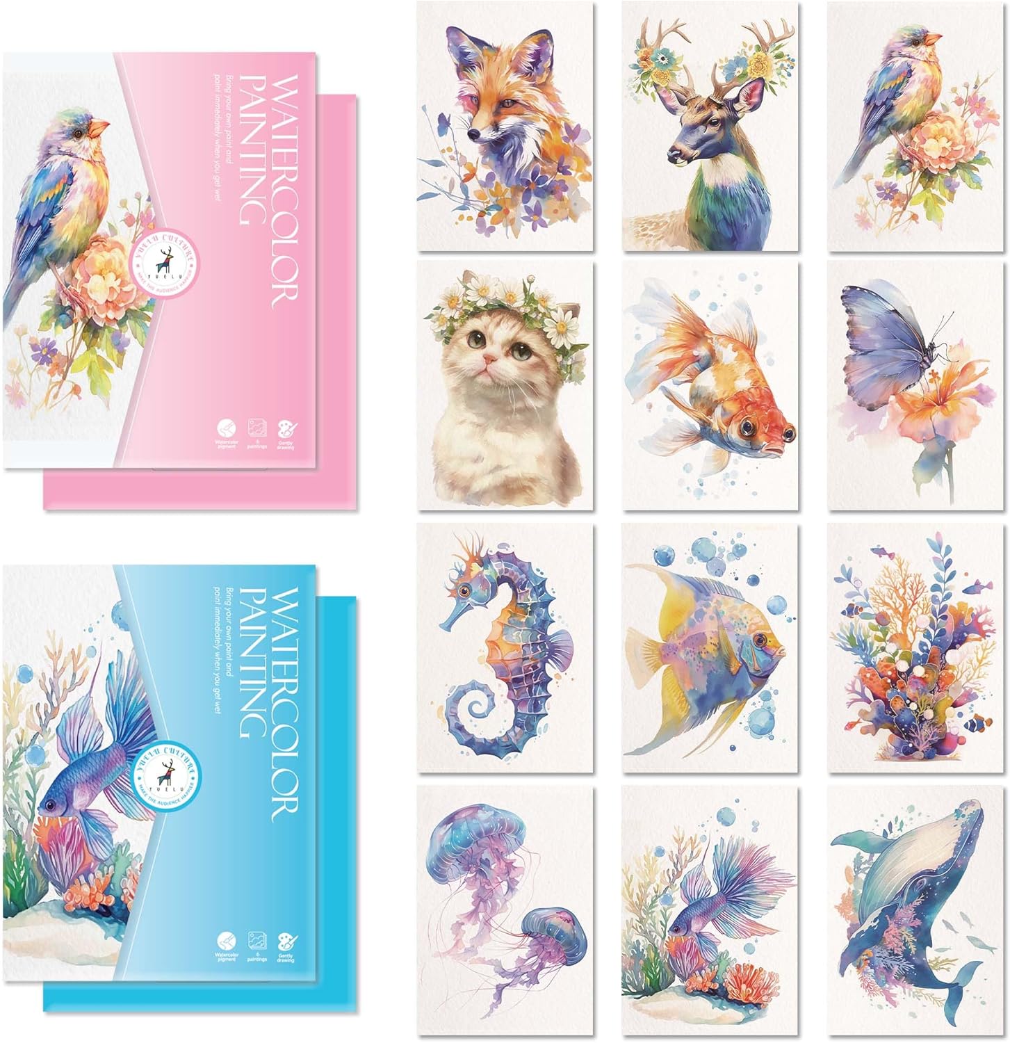 DESINIK Watercolor Coloring Books for Adults and Teens - 2 Pack, Pocket Mess Free Watercolor Painting Kit | Instant Watercolor Kit for Adults-for Beginners and Professionals（Animal Series）