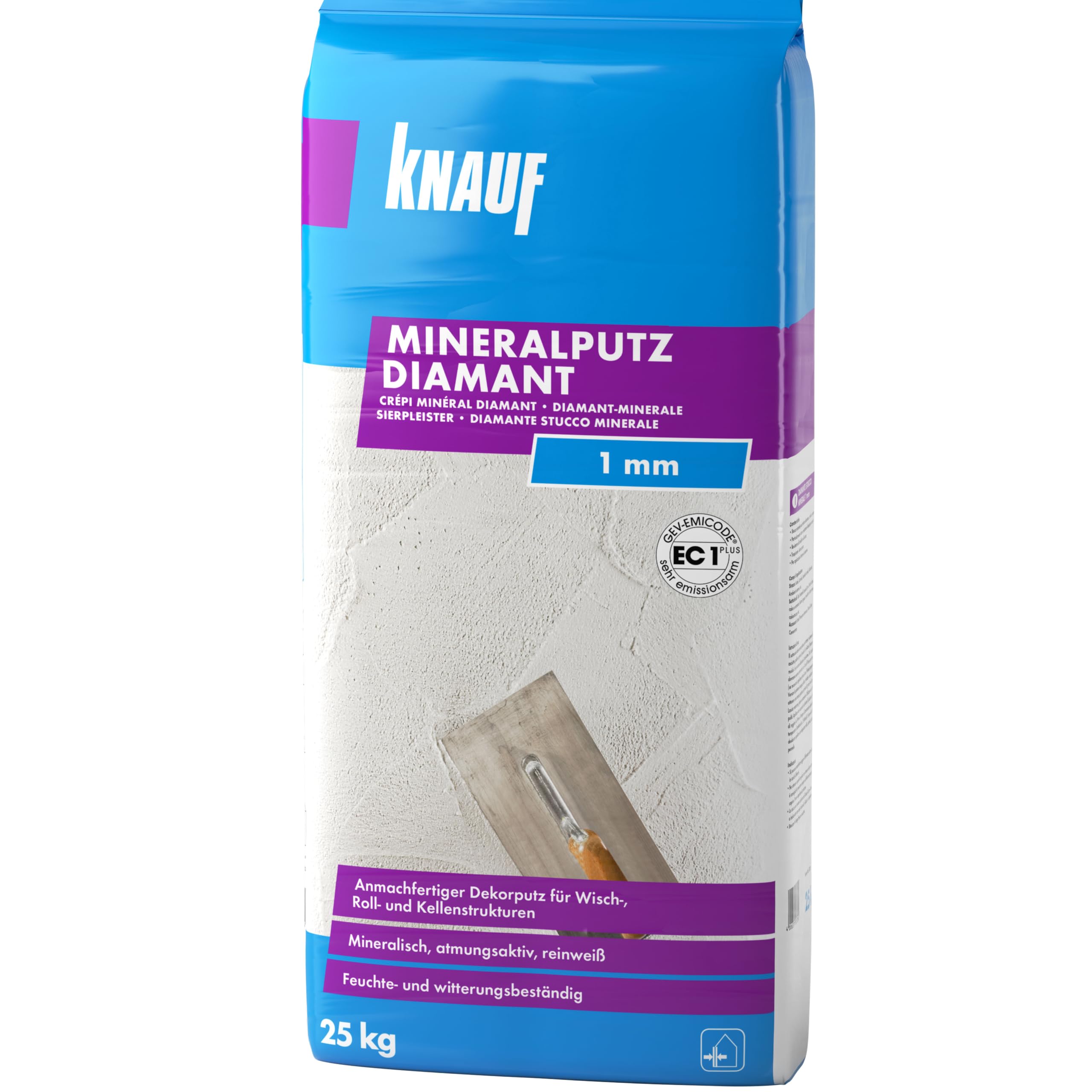 Knauf Mineralputz Diamant 1,0-mm Körnung – mineralischer Dekor-Putz, als Decken-, Wand-Belag oder Außen-Putz, kratzfest und witterungsbeständig, Weiß, 25-kg | Mineralischer Dekor-Putz, Als Decken-, Wand-Belag oder Außen-Putz, Kratzfest, Witterungsbeständi