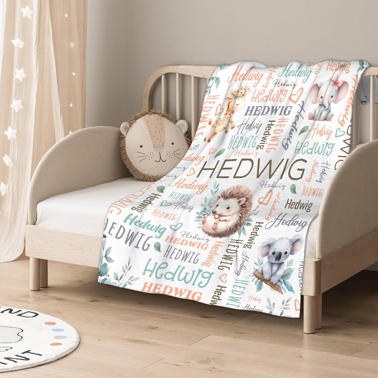 Personalized Baby Blanket for Girls Boys Kids Hedgehog Elephant Custom Baby Blanket with Name Throw Birthday Gift for Toddlers Infants Shower Newborns Nursery Stroller Crib Bed Decor