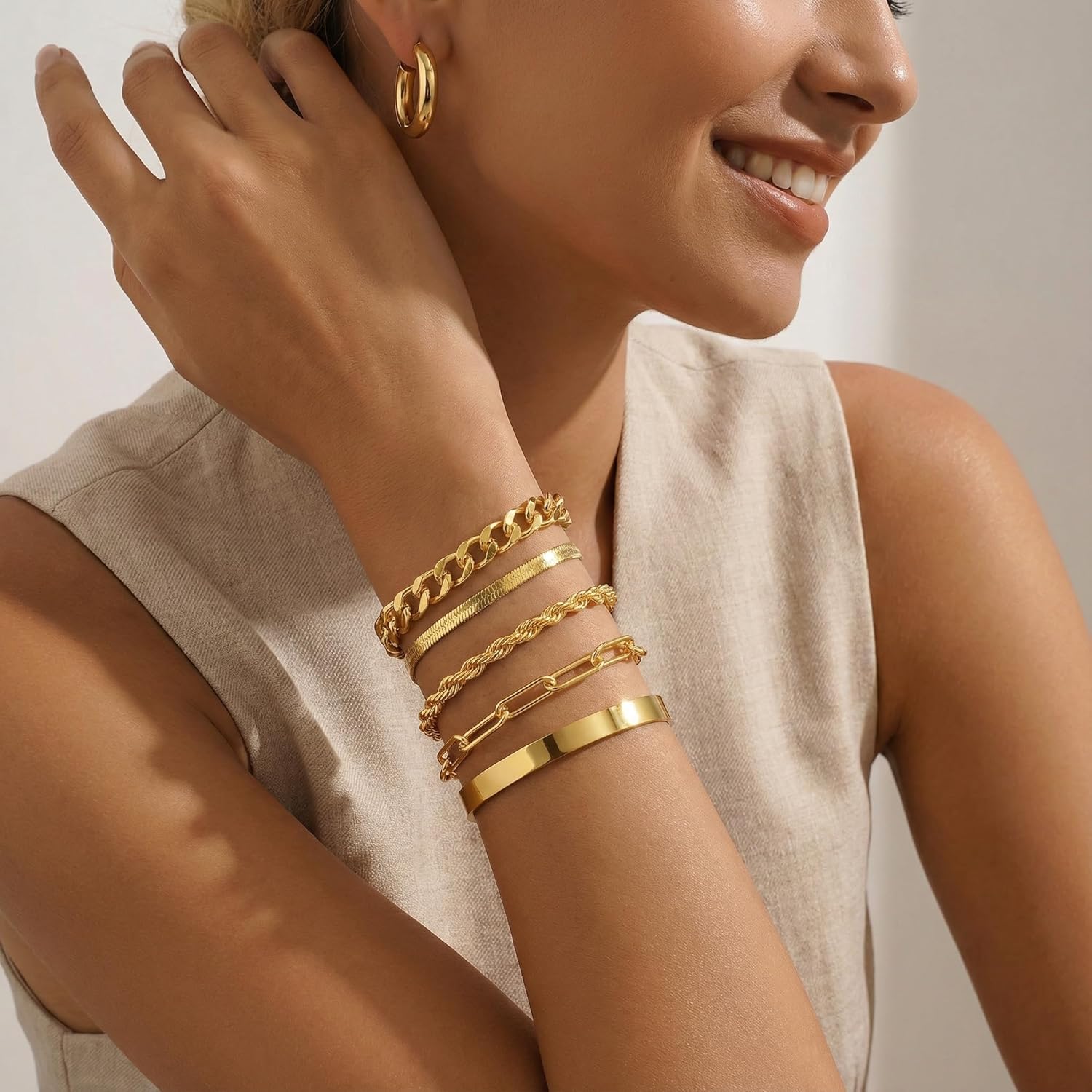 PLOMFOV Gold Bracelets for Women Stack Non Tarnish 14K Gold Plated Chunky Gold Bangles Bracelet Set Beaded Paperclip Chain Cuban Link Dainty Trendy Waterproof Stackable Cuff Bracelets Jewelry Gifts for Women - Image 5