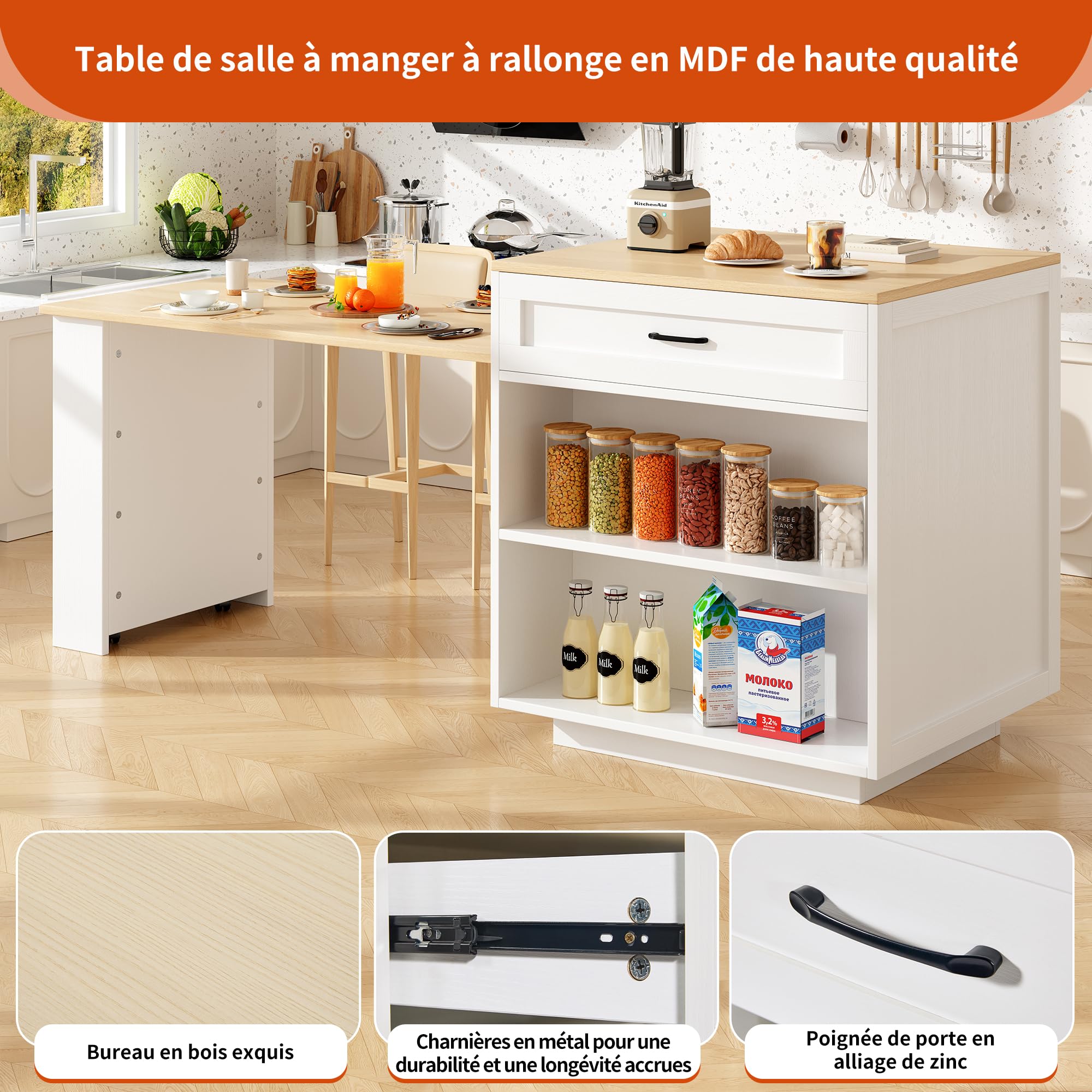 Soweiz Mesa alta extensible con espacio de almacenamiento (133-202 × 70 × 93,5 cm), con 2 cajones y 2 compartimentos, isla de cocina, mesa extensible para 2 – 6 personas, carrito de cocina con
