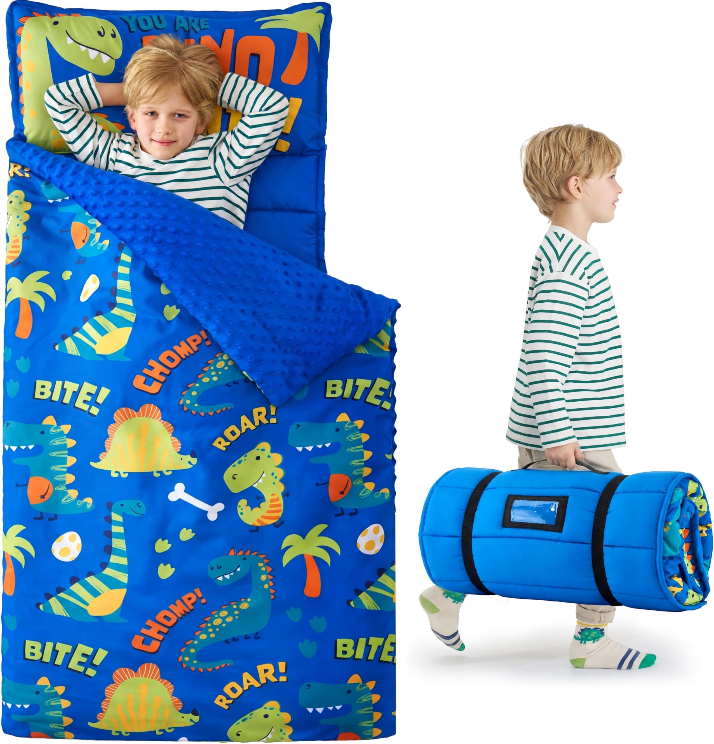 JOIEDOMI Toddler Nap Mat with Removable Pillow and Minky Blanket 55''x30'' Kids Sleeping Bag for Boys and Girls Ages 3-6 Roll Up Soft Nap Mats for Preschool Kindergarten Daycare Sleepover