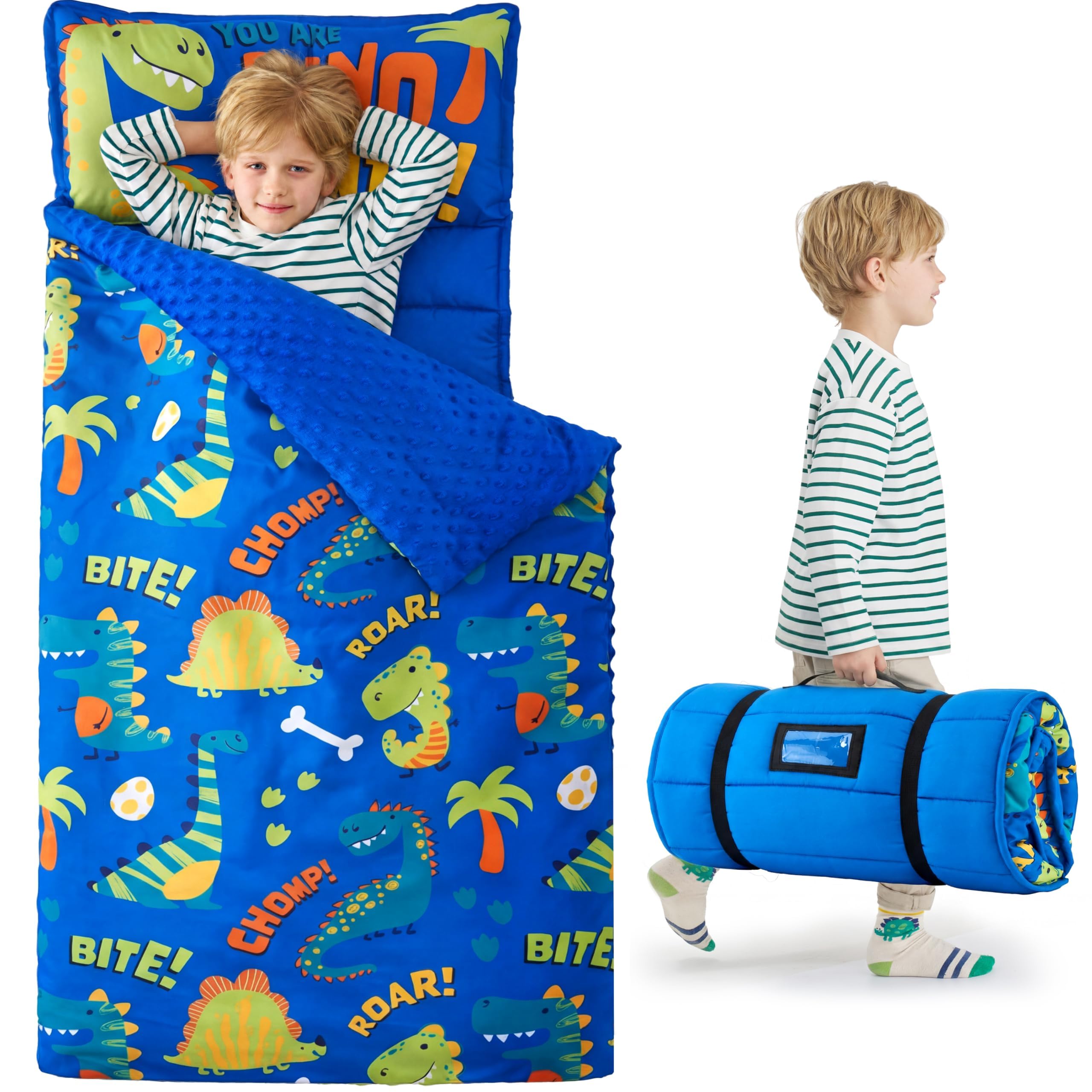 JOIEDOMI Toddler Nap Mat with Removable Pillow and Minky Blanket 55''x30'' Kids Sleeping Bag for Boys and Girls Ages 3-6 Roll Up Soft Nap Mats for Preschool Kindergarten Daycare Sleepover
