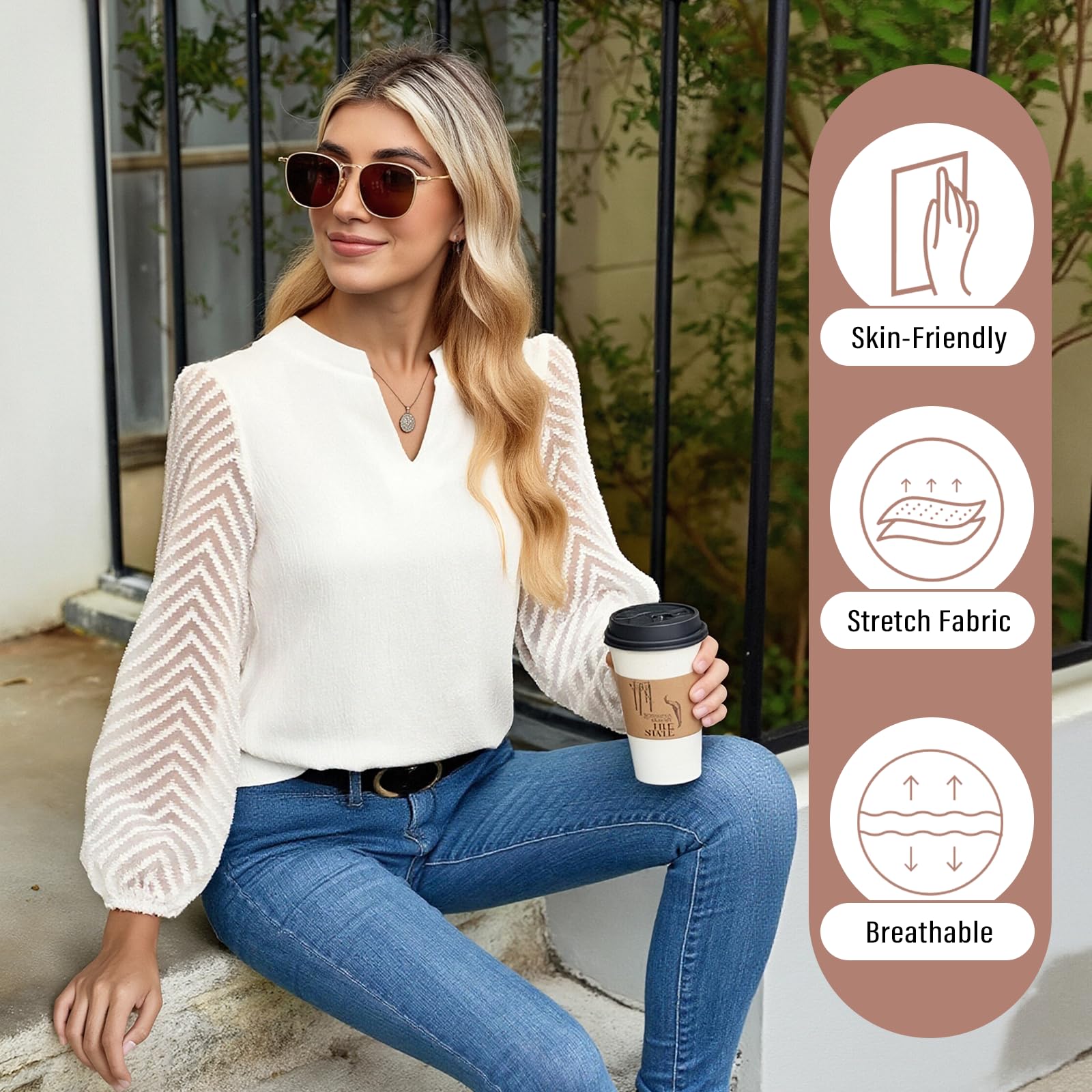 Camicetta Donna Elegante in Chiffon, Camicia a Manica Lunga con Scollo a V e Pizzo - Blusa o Top Chic per Cerimonia, Lavoro e Tempo Libero