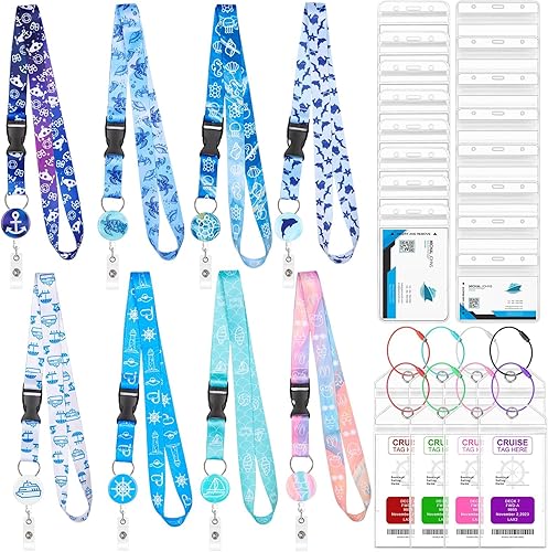 Paquete de 8 cordones de crucero para tarjetas de barco, con carrete retráctil para insignias, etiquetas impermeables para equipaje y portatarjetas