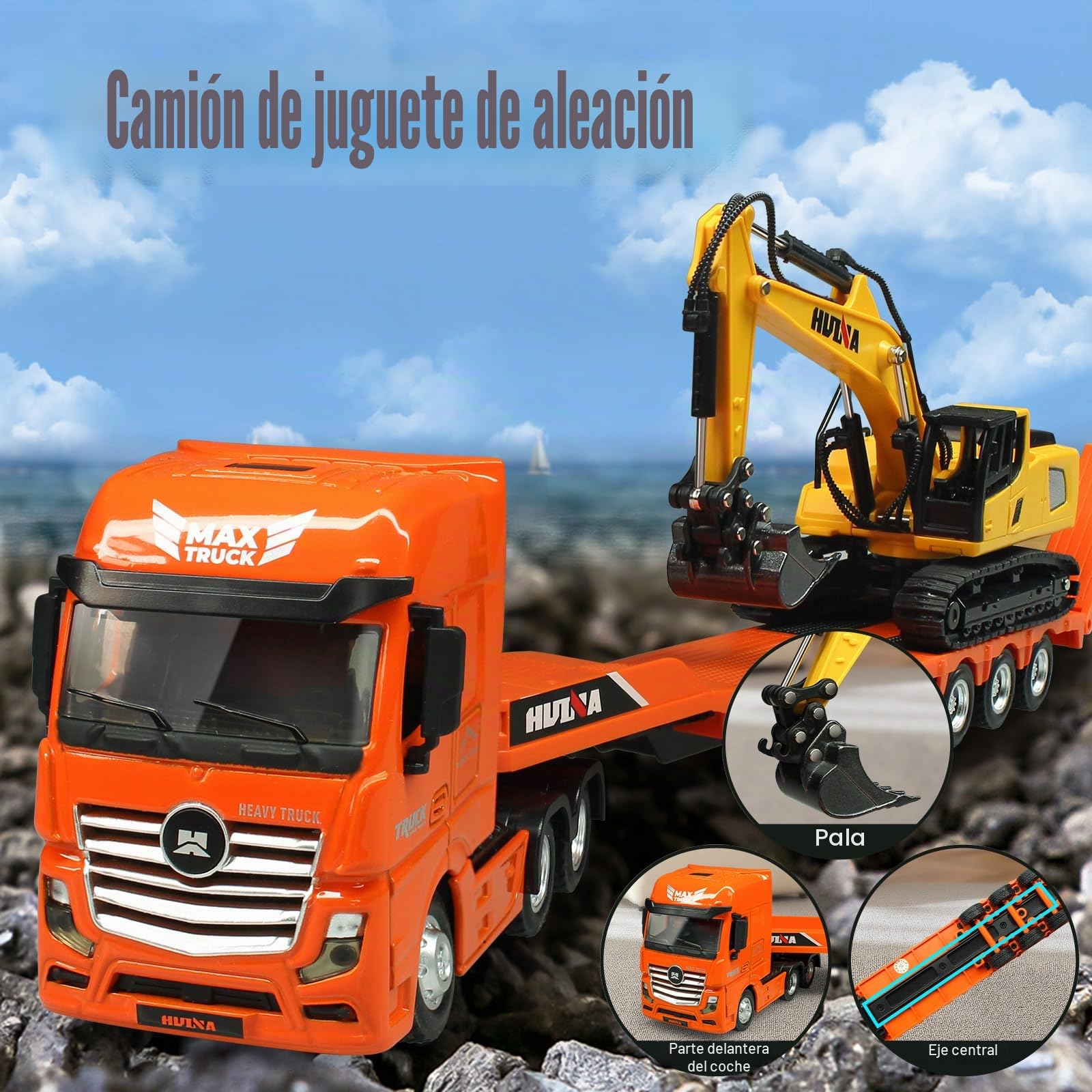 HUGMIE 1:50 Camiones de Juguete para niños,Vehículos de construcción con Excavadora para niños,Camión de Remolque y Excavadora Juguete a Partir de 8 años,Camión 35,5 x 5 x 6,5 cm