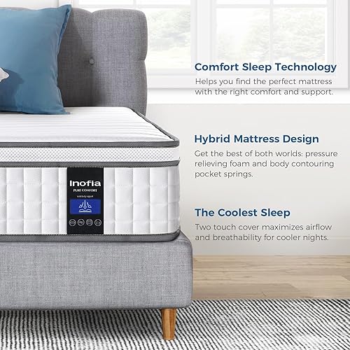 Miniatura 7 de Inofia Colchón de tamaño matrimonial, colchón de cama matrimonial de 10 pulgadas, colchón de resortes interiores de bolsillo con espuma
