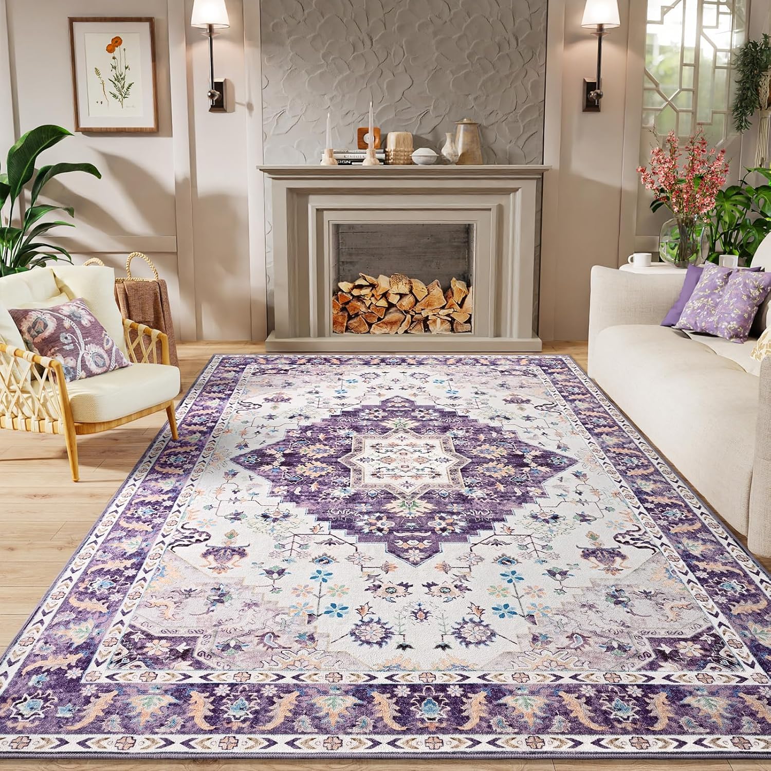 Tapis salon 200x290 cm lavable et traditionnel floral motif violet et beige