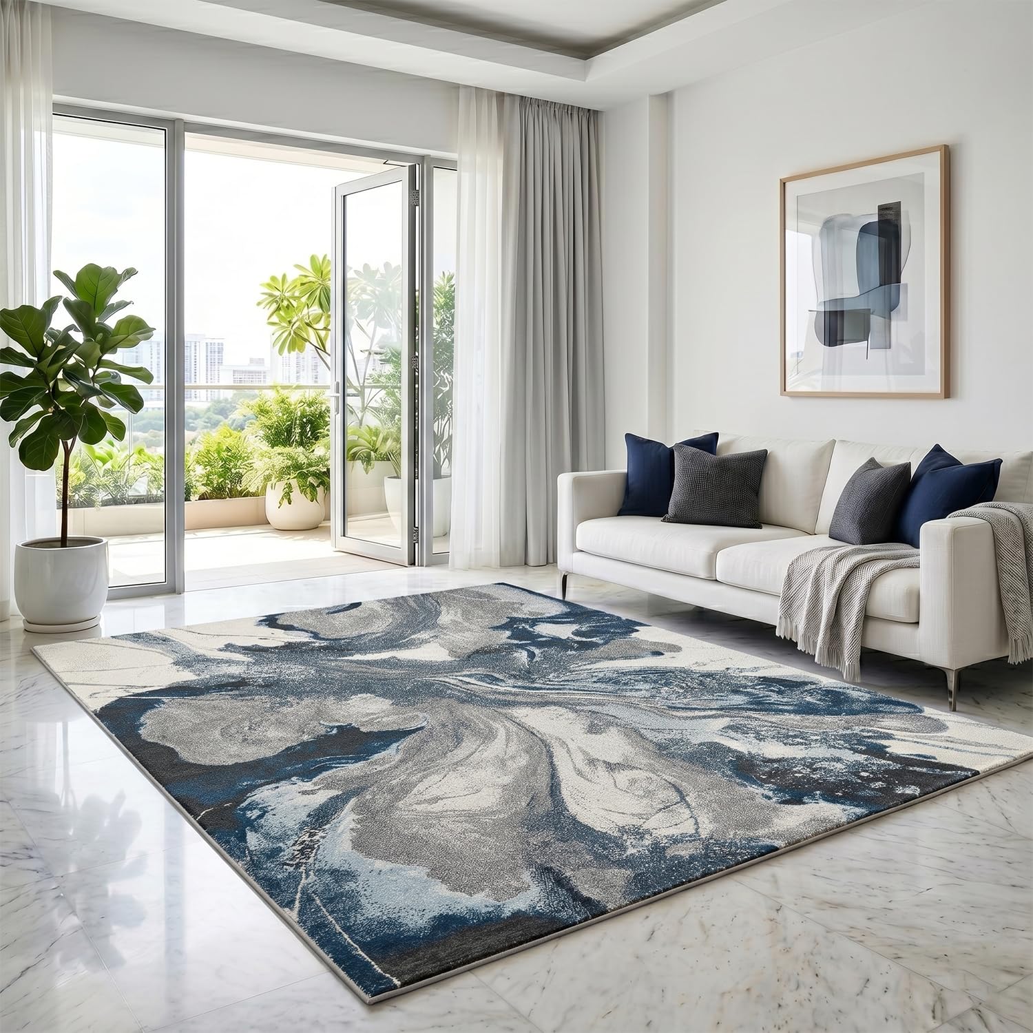 PHP Motled Rug - Large Fluffy Area Rug Carpet Washable Non-Slip Soft Modern Indoor Floor Rug for Living Room, Bedroom, Hallway, Lounge (Blue, 160x230 cm)