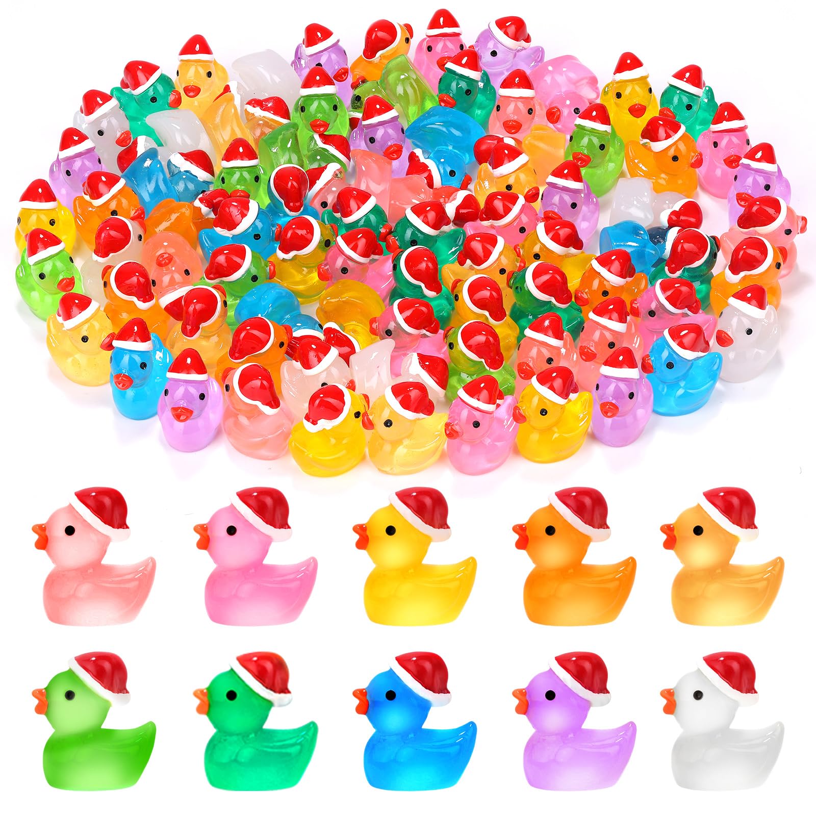 WIURGOHA Christmas Mini Ducks,80pcs Luminous Tiny Mini Resin Christmas Ducks Miniature with Christmas Hat Glow in The Dark Figures for Christmas Party Bag Fillers Dollhouse Accessories Home Decoration â image 1