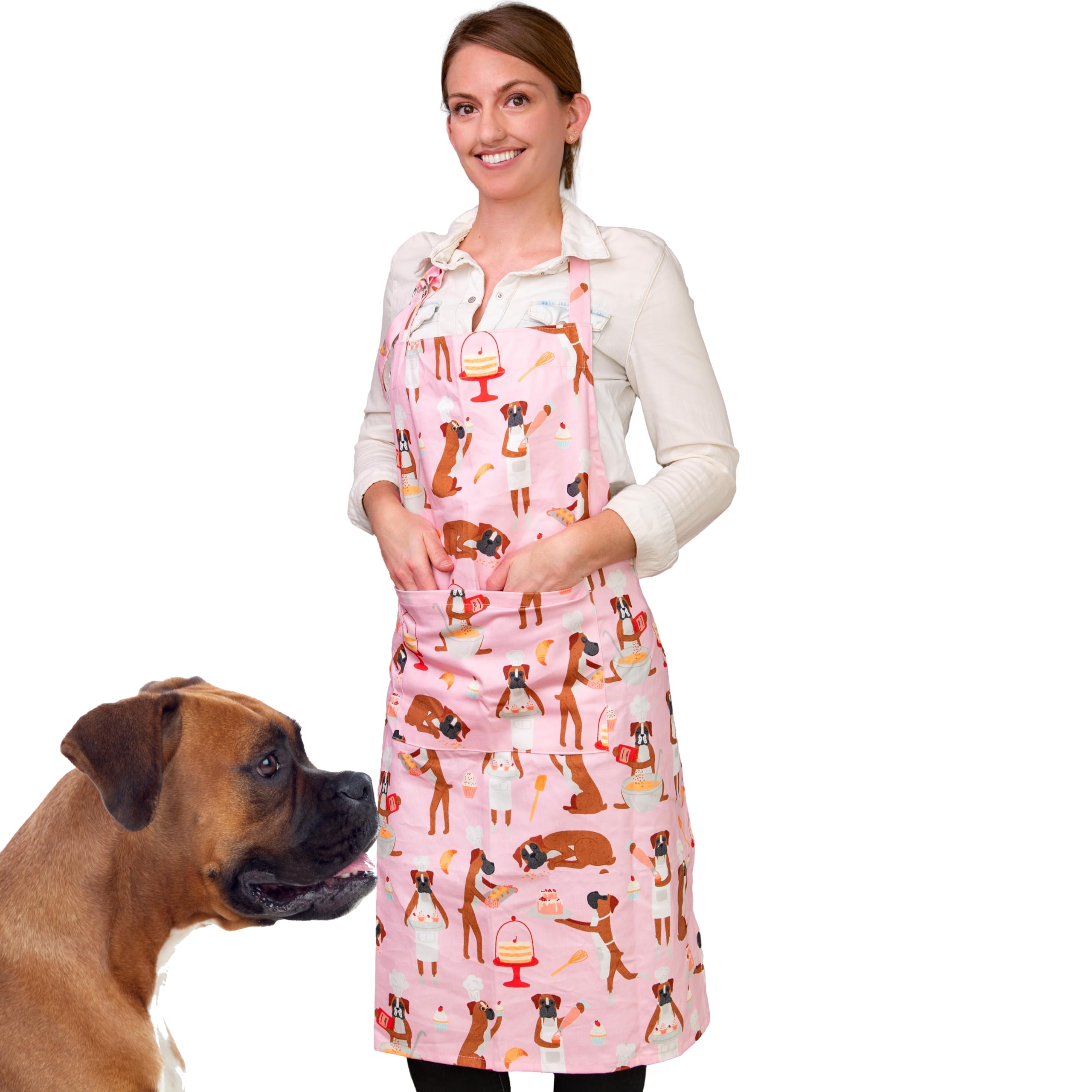 Puppington Delantal rosa para los amantes de los perros, edición de boxeadores para hornear, divertido y lindo delantal rosa para padres de perros boxeadores, regalos 100% de algodón para la cocina