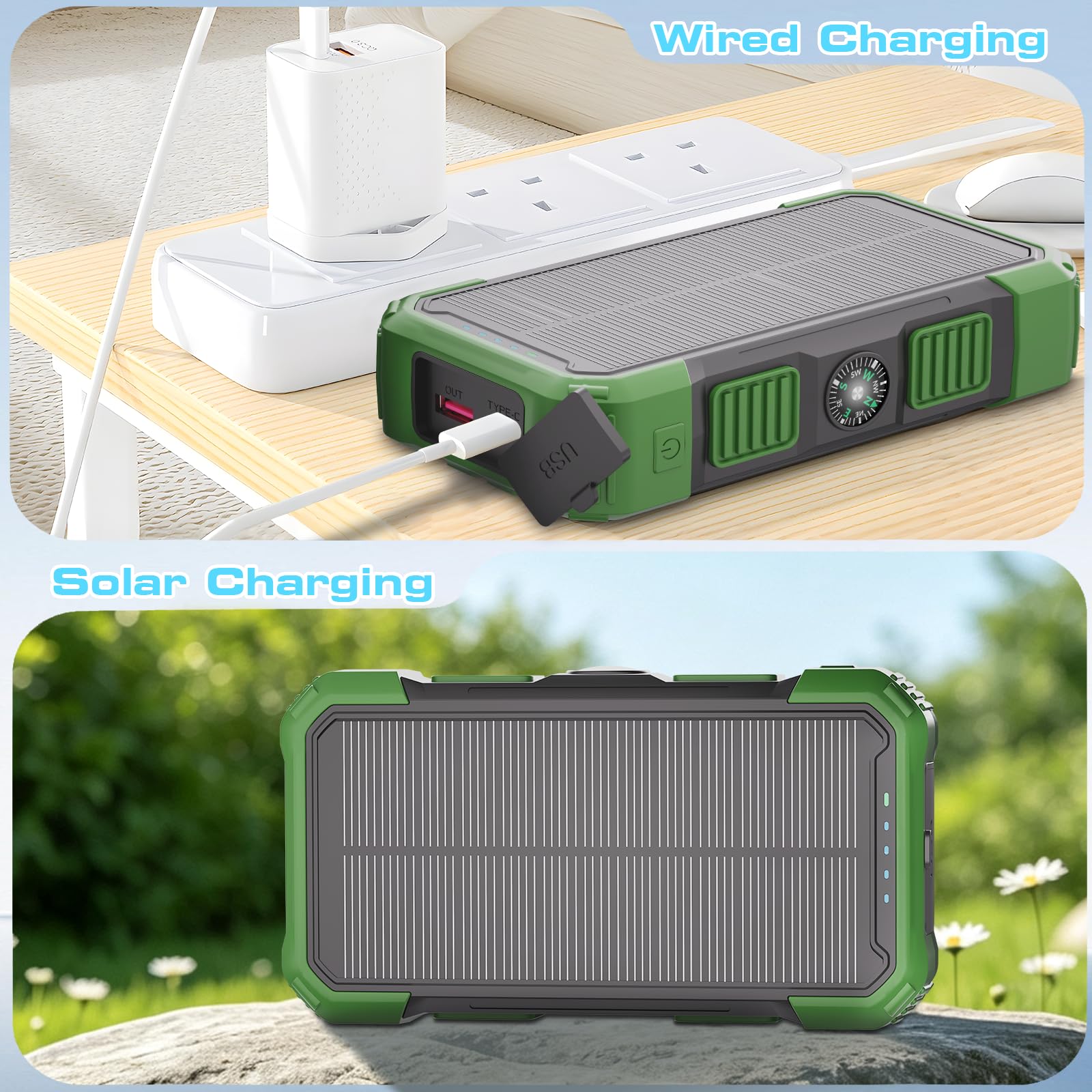 Chargeur solaire 20 000 mAh, chargeur portable sans fil avec câbles intégrés, chargeur de batterie à charge rapide USB-C, chargeur de téléphone extérieur avec double lampe de poche LED pour camping