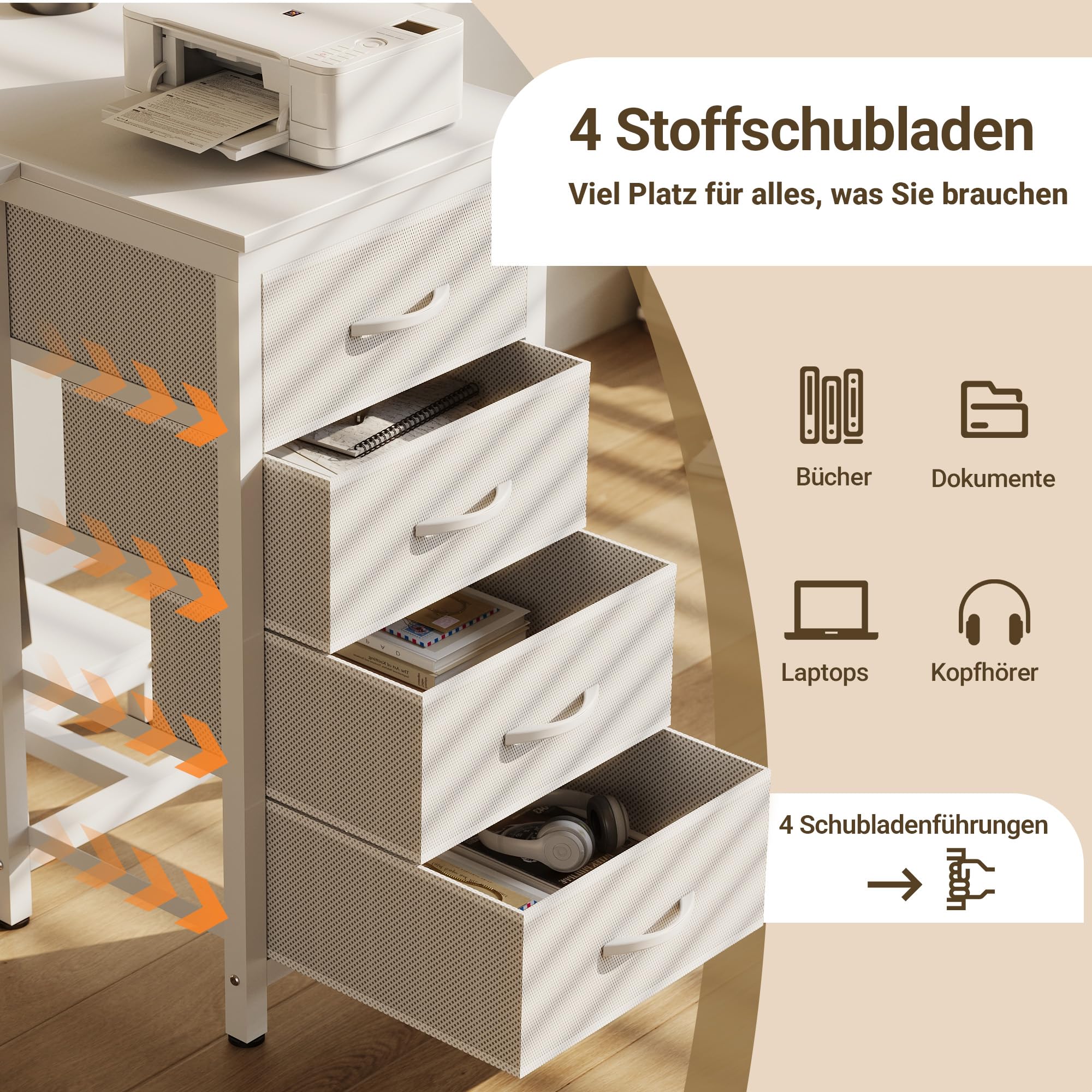 Claiks Schreibtisch L Form mit 4 Stoff Schubladen, 140x80 cm Eckschreibtisch mit USB-Ladeanschluss und Steckdose, L förmiger Schreibtisch mit Monitorablage für Büro, Weiß