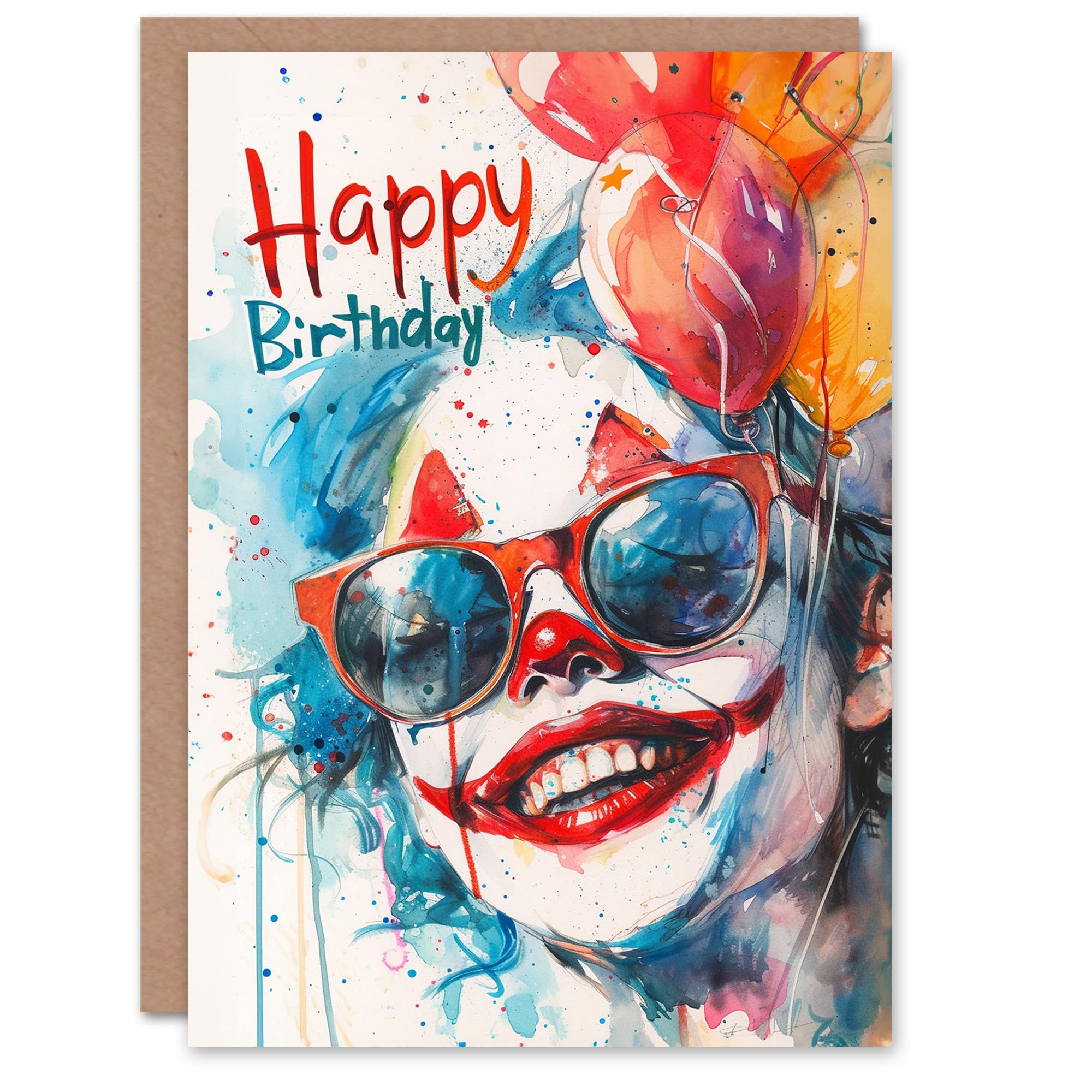 Artery8 Birthday Card Clown Balloons Sunglasses Watercolour For Child Kids Son Daughter Greeting Card