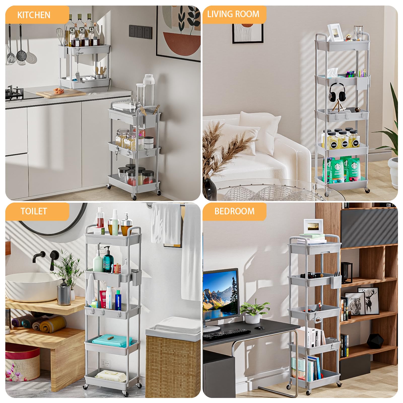 REBECAT - Carrito utilitario de 5 niveles con cajón, carrito utilitario hecho de herramienta organizadora de almacenamiento multifuncional para cocina, baño, sala de estar, oficina (gris)