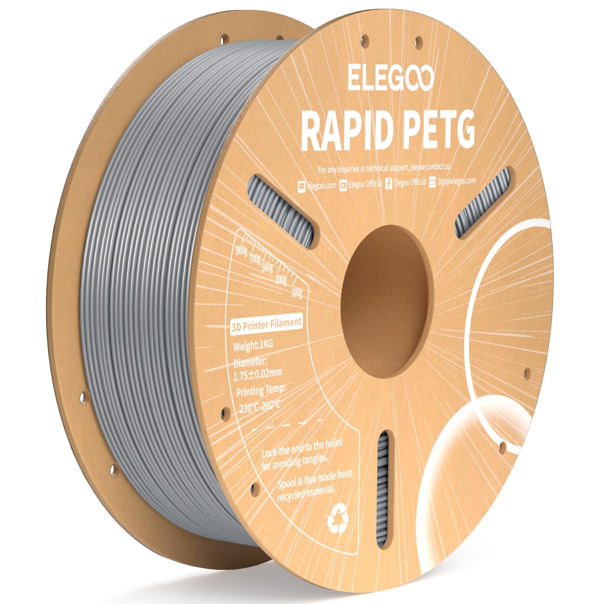 ELEGOO Rapid PETG Filament 1.75mm Silber 1 KG, High Speed 600mm/s 3D Drucker Filament Maßgenauigkeit +/- 0.02 mm, 1kg Pappspule(2.2lbs) Passend für die Meisten 3D Printer