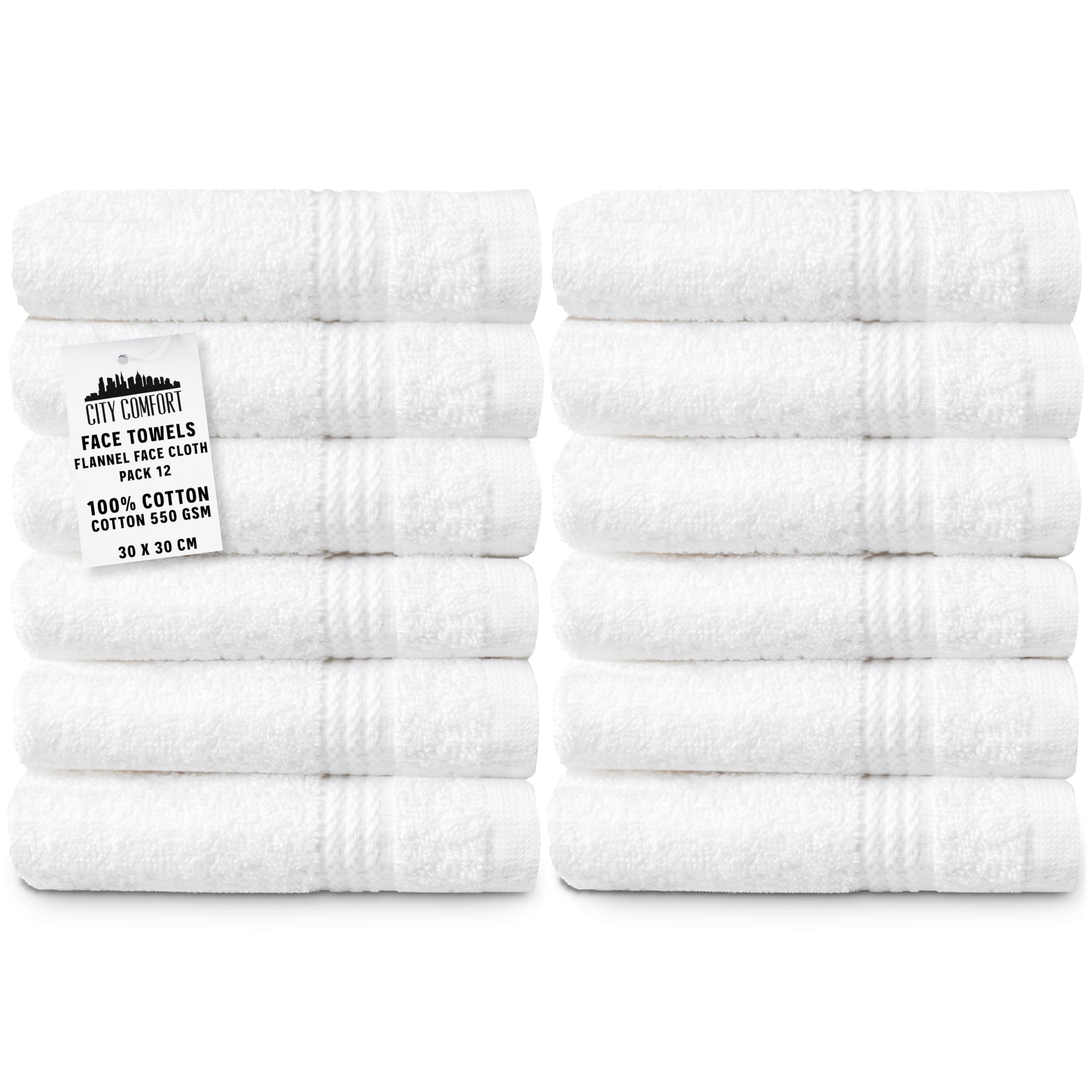 Citycomfort White - 12 Pack Flannels Pack Of 12 Face Towels 100% Cotton 550 Gsm 30X30cm Highly Absorbent Soft Wash Cloth Household Essentials (White - 12 Pack)