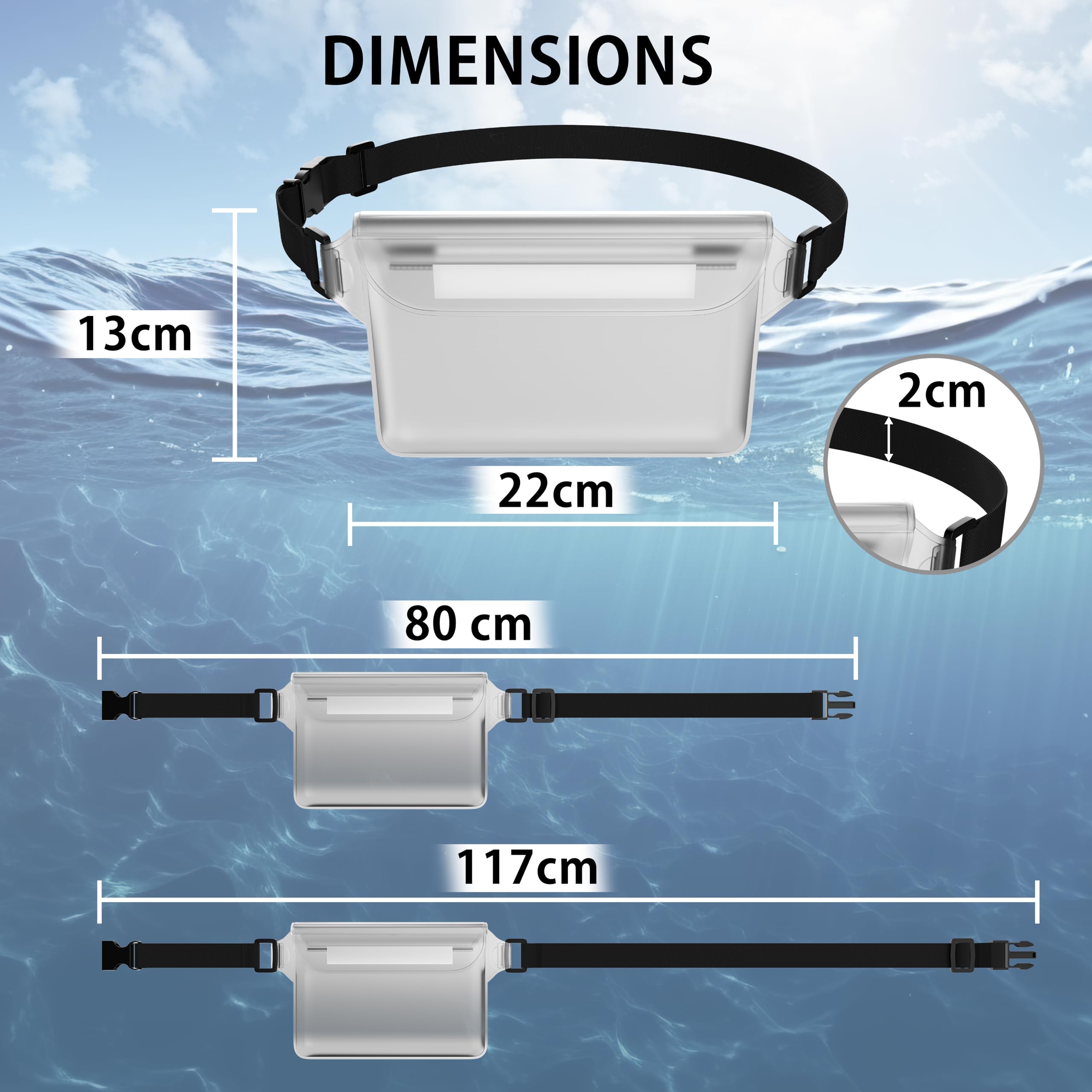 MyGadget 2x Borse Impermeabili [ 22 x 15.5 cm ] - IPx8 Waterproof - Marsupio da Mare Porta Accessori con Chiusura Tripla e Cintura Regolabile in Trasparente