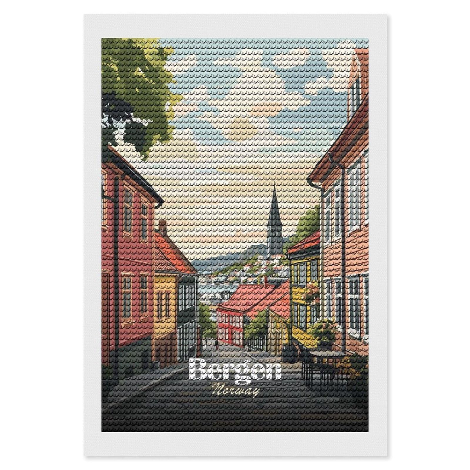 Junmoney Bergen, Norway Street View Illustration Diamond Painting Canvas Set 8"x12", Boho Decor, for Craft Lovers, Easy Handmade Project, Holiday Gift Idea
