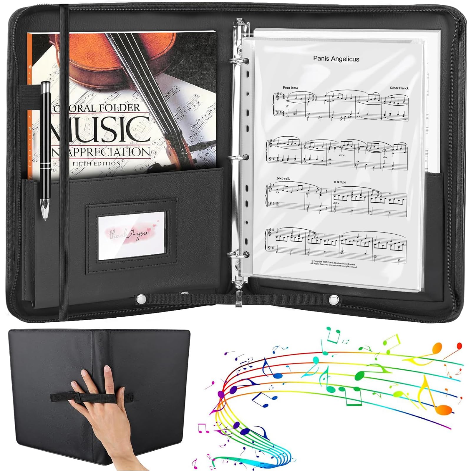 Photo 1 of Sheet Music Folder, 13"x10.2" Choral Muisc Folder with Hand Strap, 3 Ring Music Folder with 30 Music Binder Bag Black PU Leather Choir Folders for Marching Band Piano Fits Letter Size 8.5x11 Inch