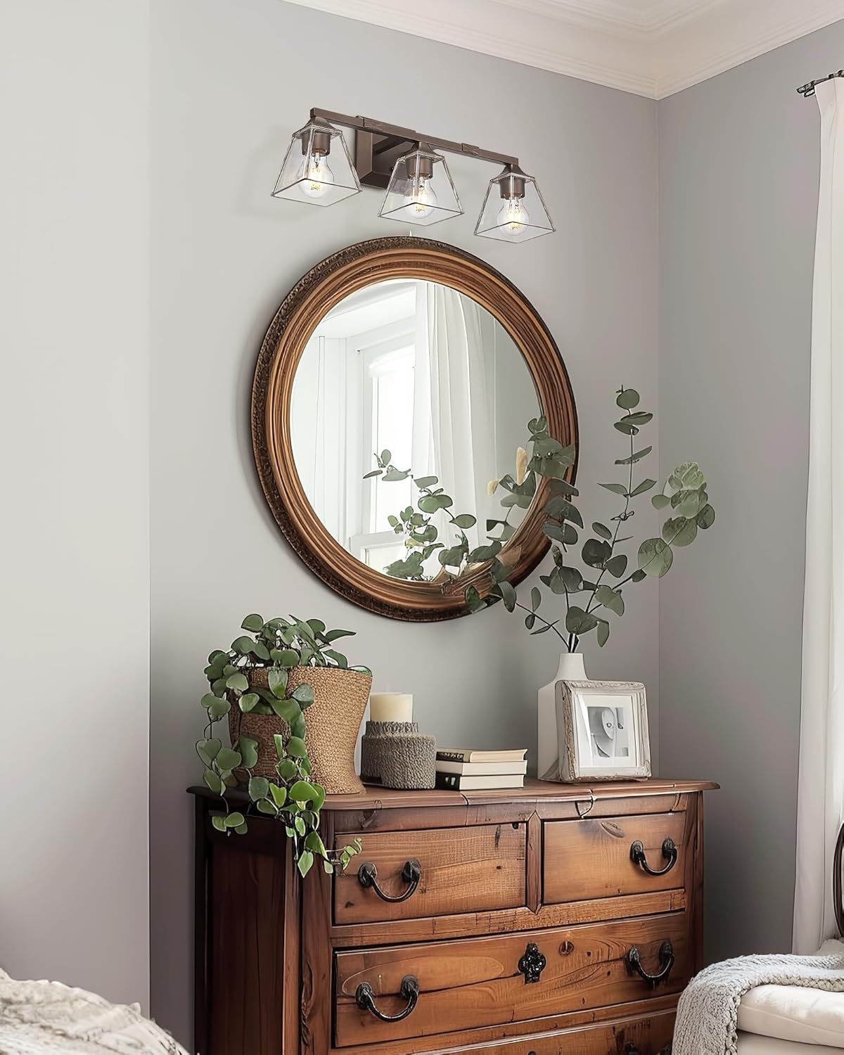 Farmhouse Bathroom Light Fixtures, HWH 3-Light Vanity Light Fixture Over Mirror, Industrial Wall Sconce Lighting with Square Bell Glass Shade, Oil-Rubbed Bronze Finish, 5HY68B-3W ORB