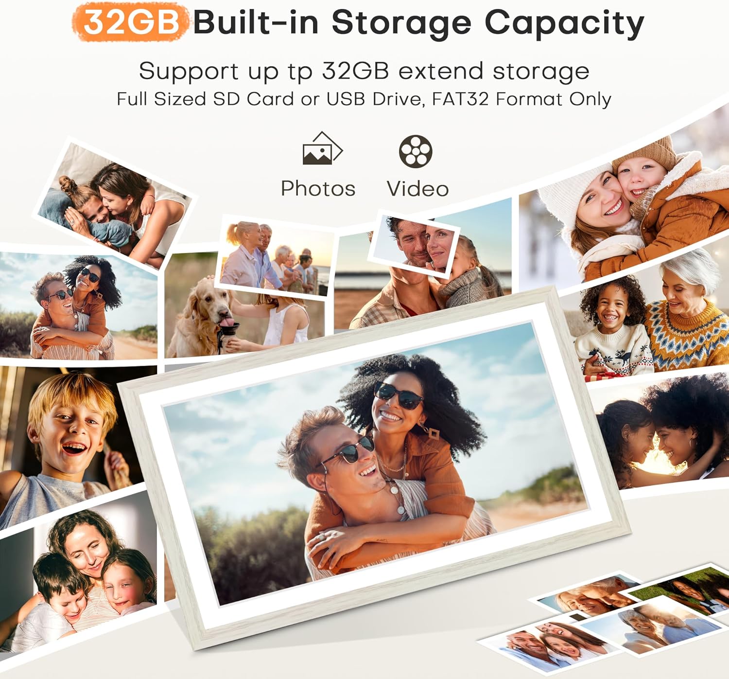 Digital Picture Frame, 15.6 Inch Frameo Digital Frame WiFi, 1920 * 1080 IPS FHD Touchscreen, 32GB, Tabletop&Wall-Mounted, Share Picture Video, Large Electric Photo Frame, Mom Gifts, White Woodgrain