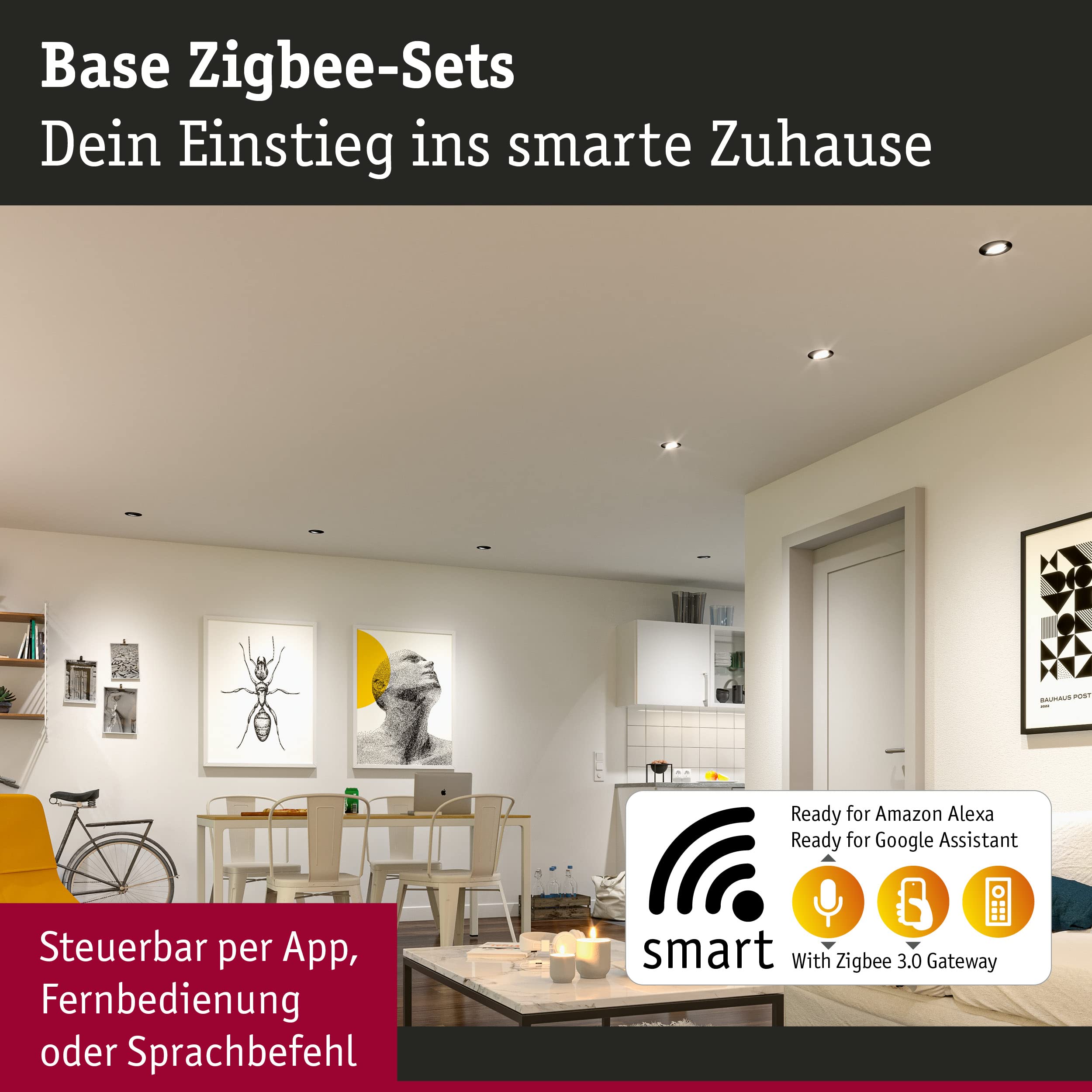 Paulmann 92465 LED Einbauleuchte Base Smart Home Zigbee Basisset schwenkbar rund 230V 3x4,9W 3x430lm dimmbar 90mm Schwarz matt Metall 3000K